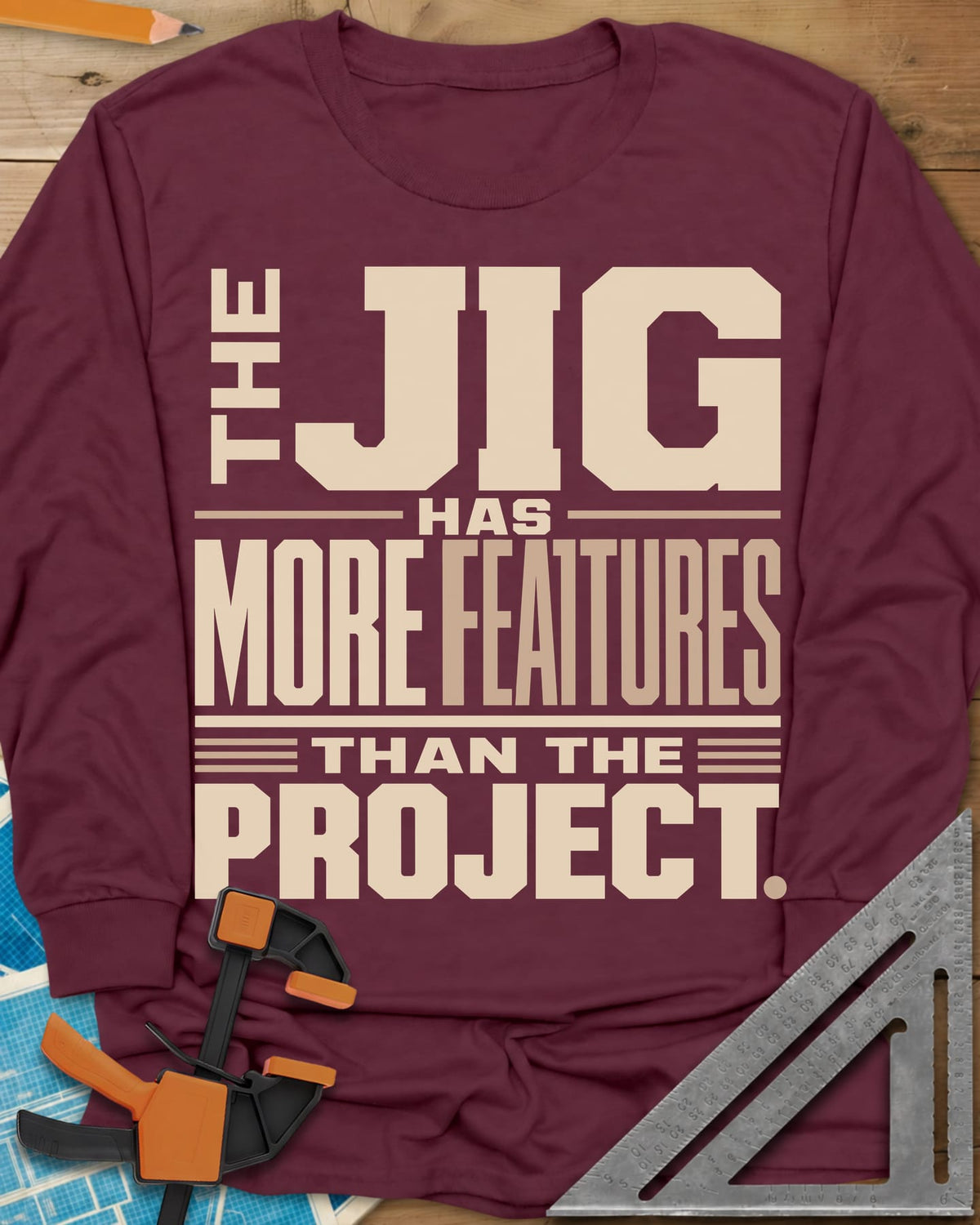 Feature Jig long sleeve shirt in Maroon, tall condensed lettering with JIG large, no illustration