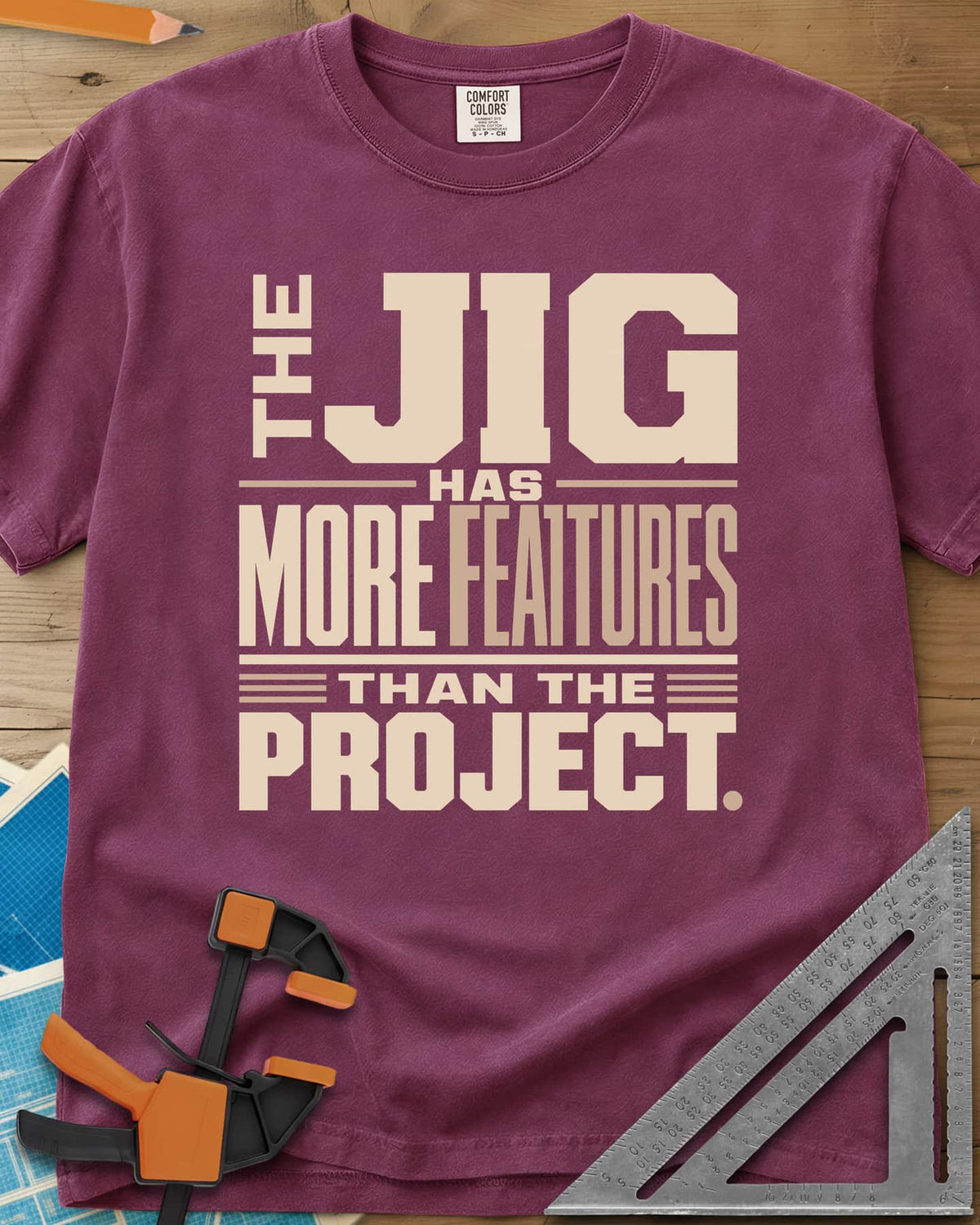Feature Jig heavyweight tee in Berry, tall condensed lettering with JIG large, no illustration