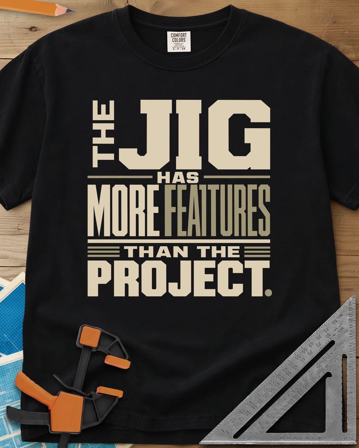 Feature Jig heavyweight tee in Black, tall condensed lettering with JIG large, no illustration