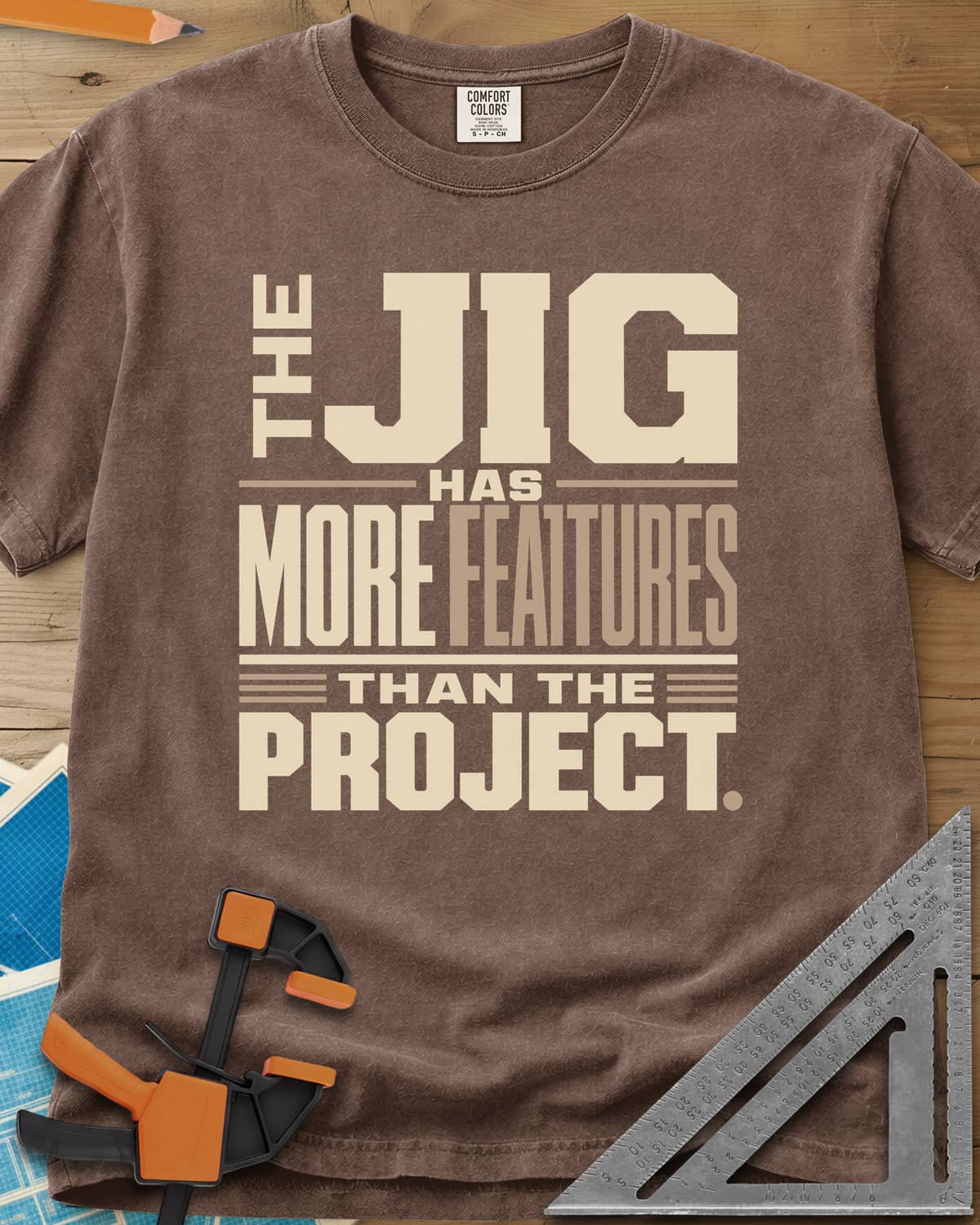 Feature Jig heavyweight tee in Espresso, tall condensed lettering with JIG large, no illustration
