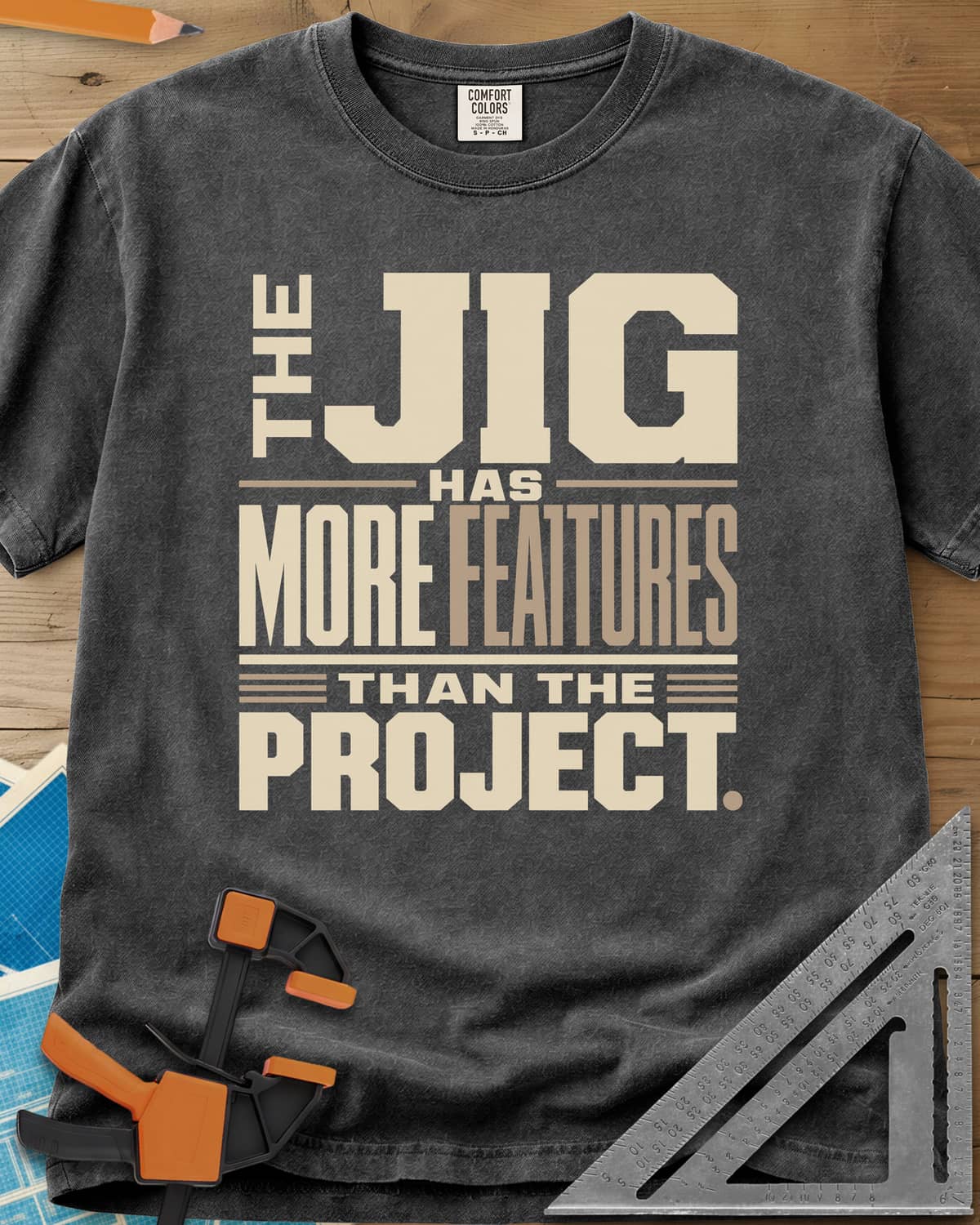 Feature Jig heavyweight tee in Pepper, tall condensed lettering with JIG large, no illustration