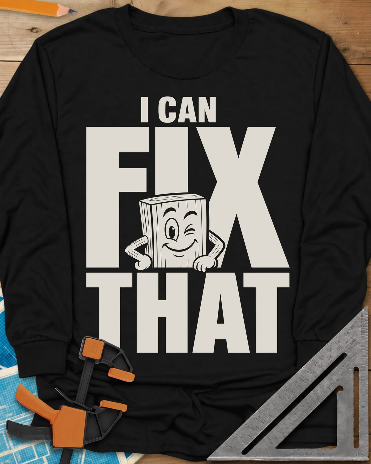 Fix That long sleeve shirt in Black, a winking cartoon wood block peeking from behind big letters