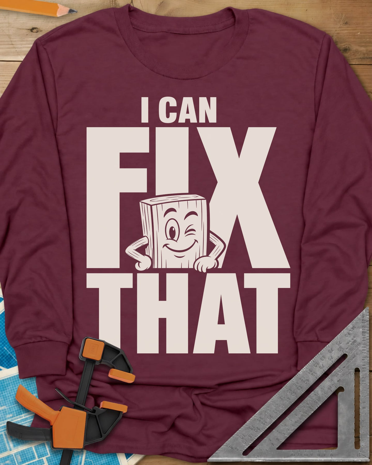 Fix That long sleeve shirt in Maroon, a winking cartoon wood block peeking from behind big letters