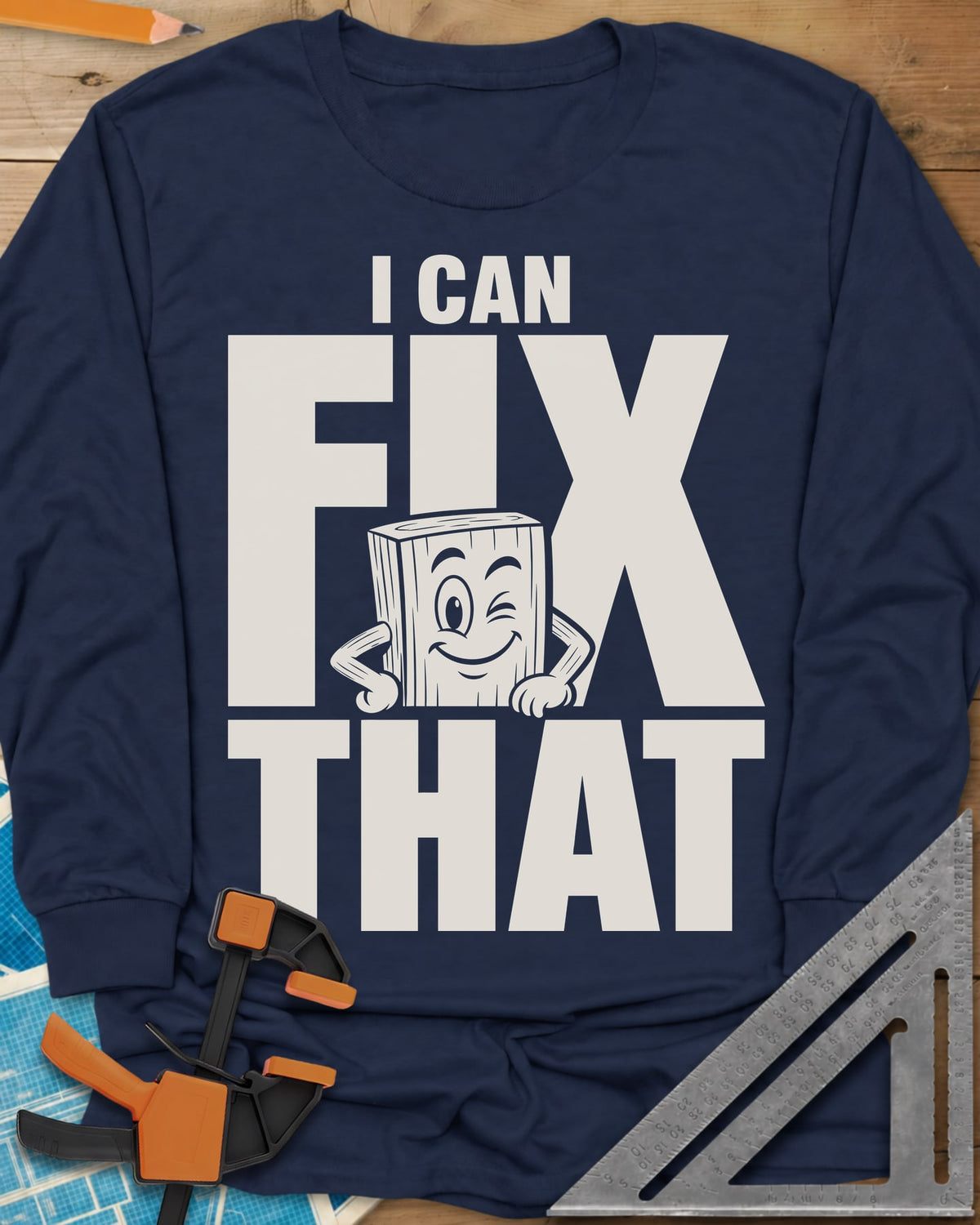 Fix That long sleeve shirt in Navy, a winking cartoon wood block peeking from behind big letters