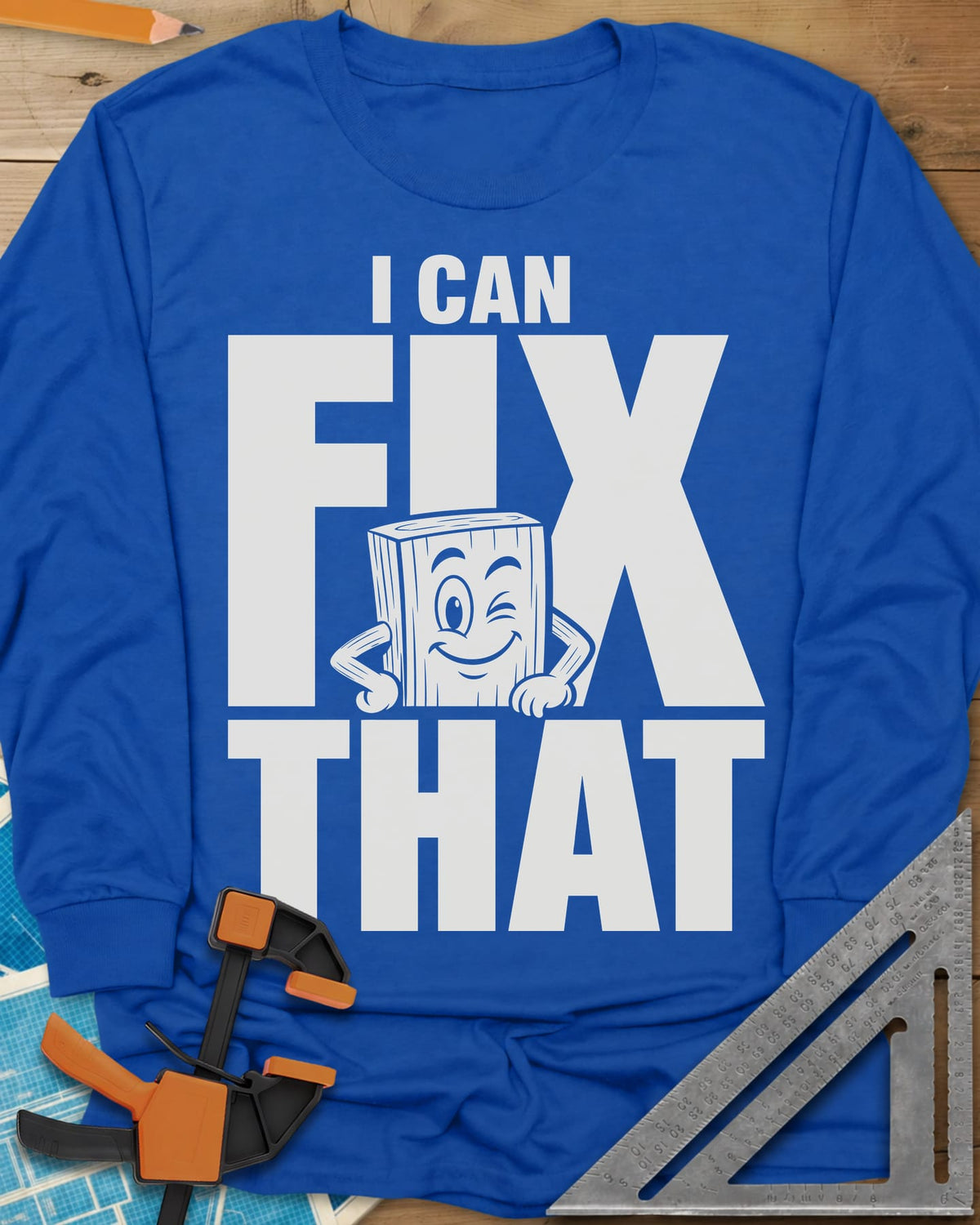 Fix That long sleeve shirt in Royal, a winking cartoon wood block peeking from behind big letters