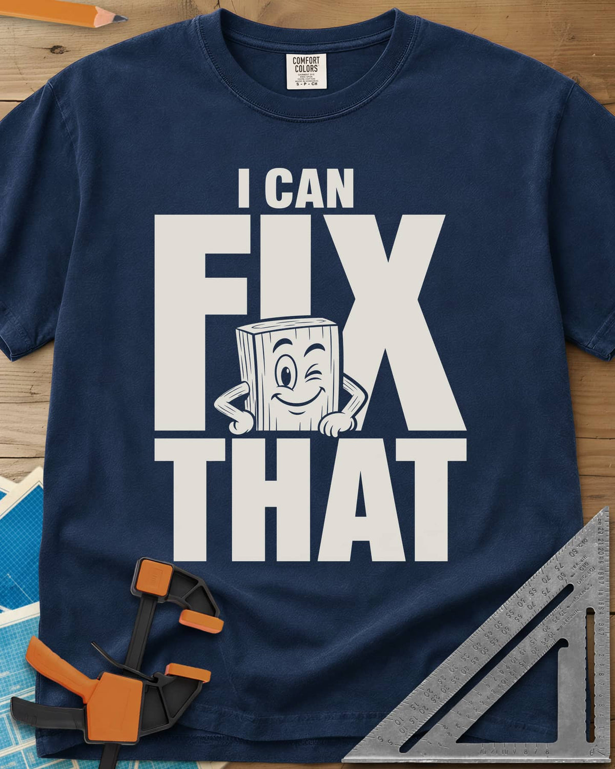 Fix That heavyweight tee in Navy, a winking cartoon wood block peeking from behind big letters