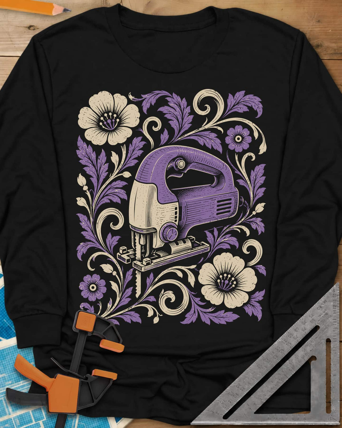 Floral Jigsaw long sleeve shirt in Black, a purple jigsaw wreathed in cream and purple flowers and leaves