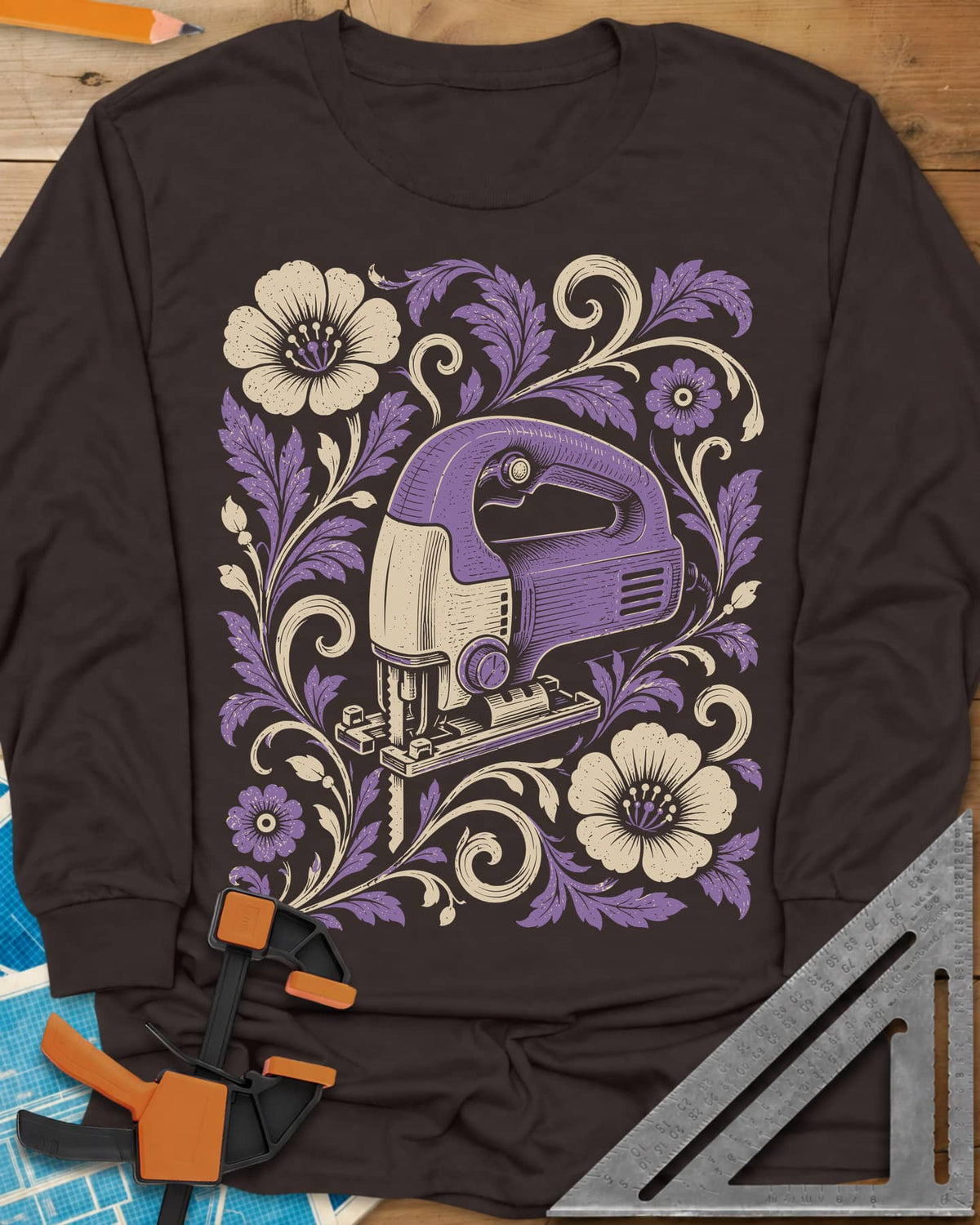 Floral Jigsaw long sleeve shirt in Dark Chocolate, a purple jigsaw wreathed in cream and purple flowers and leaves