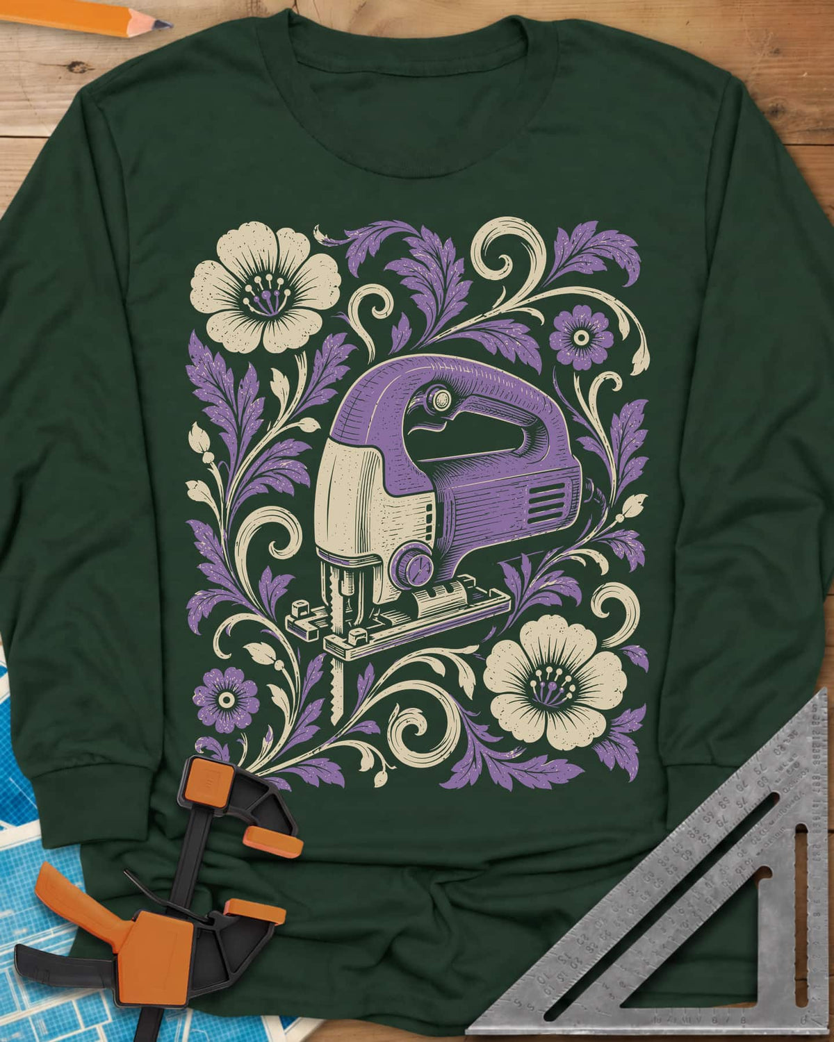 Floral Jigsaw long sleeve shirt in Forest Green, a purple jigsaw wreathed in cream and purple flowers and leaves