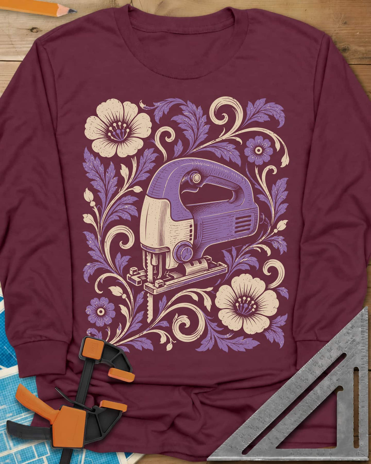 Floral Jigsaw long sleeve shirt in Maroon, a purple jigsaw wreathed in cream and purple flowers and leaves