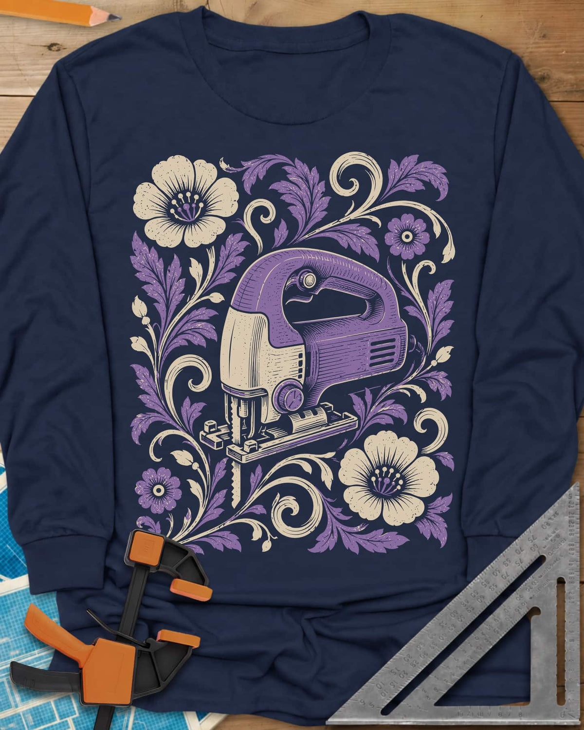 Floral Jigsaw long sleeve shirt in Navy, a purple jigsaw wreathed in cream and purple flowers and leaves