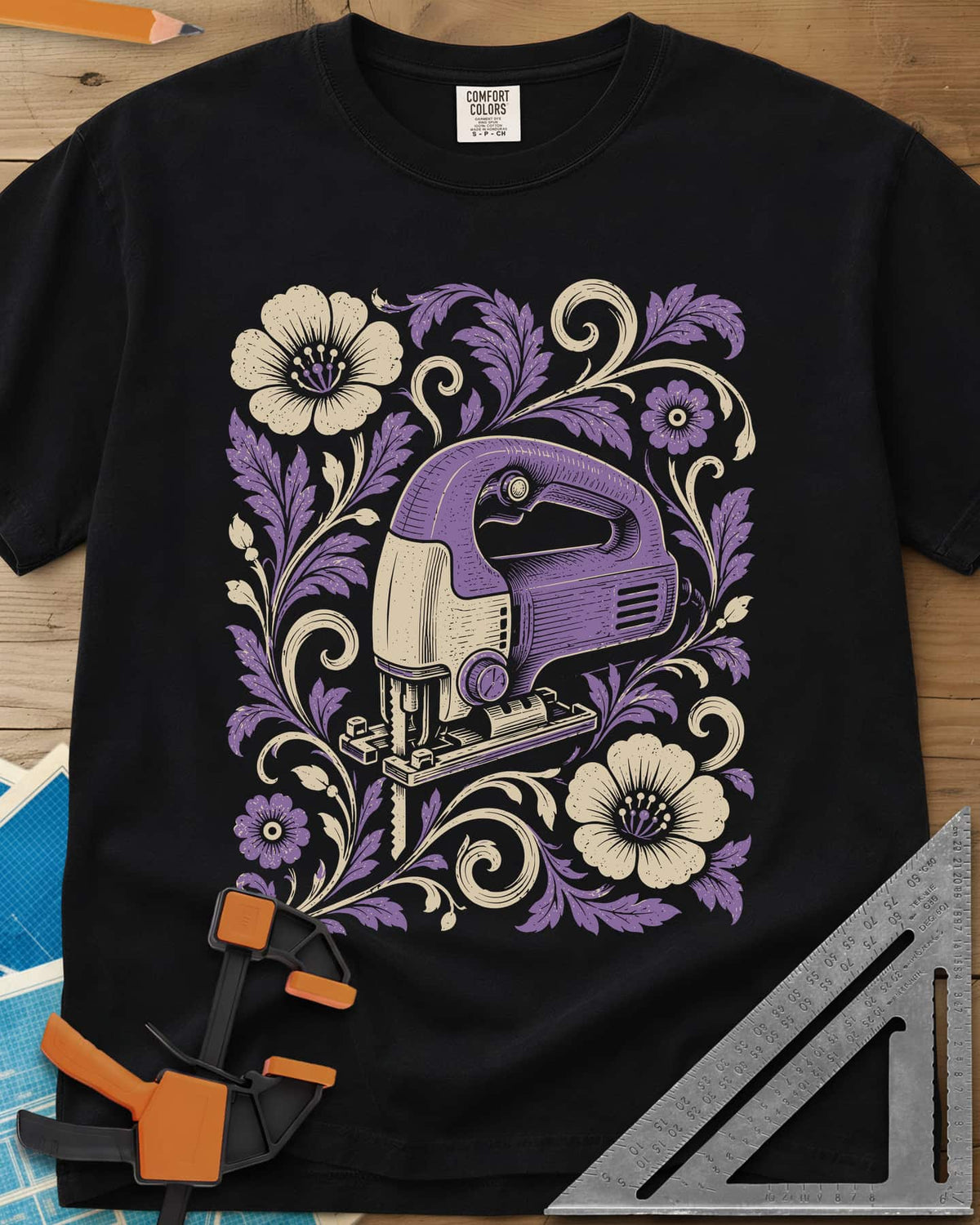 Floral Jigsaw heavyweight tee in Black, a purple jigsaw wreathed in cream and purple flowers and leaves