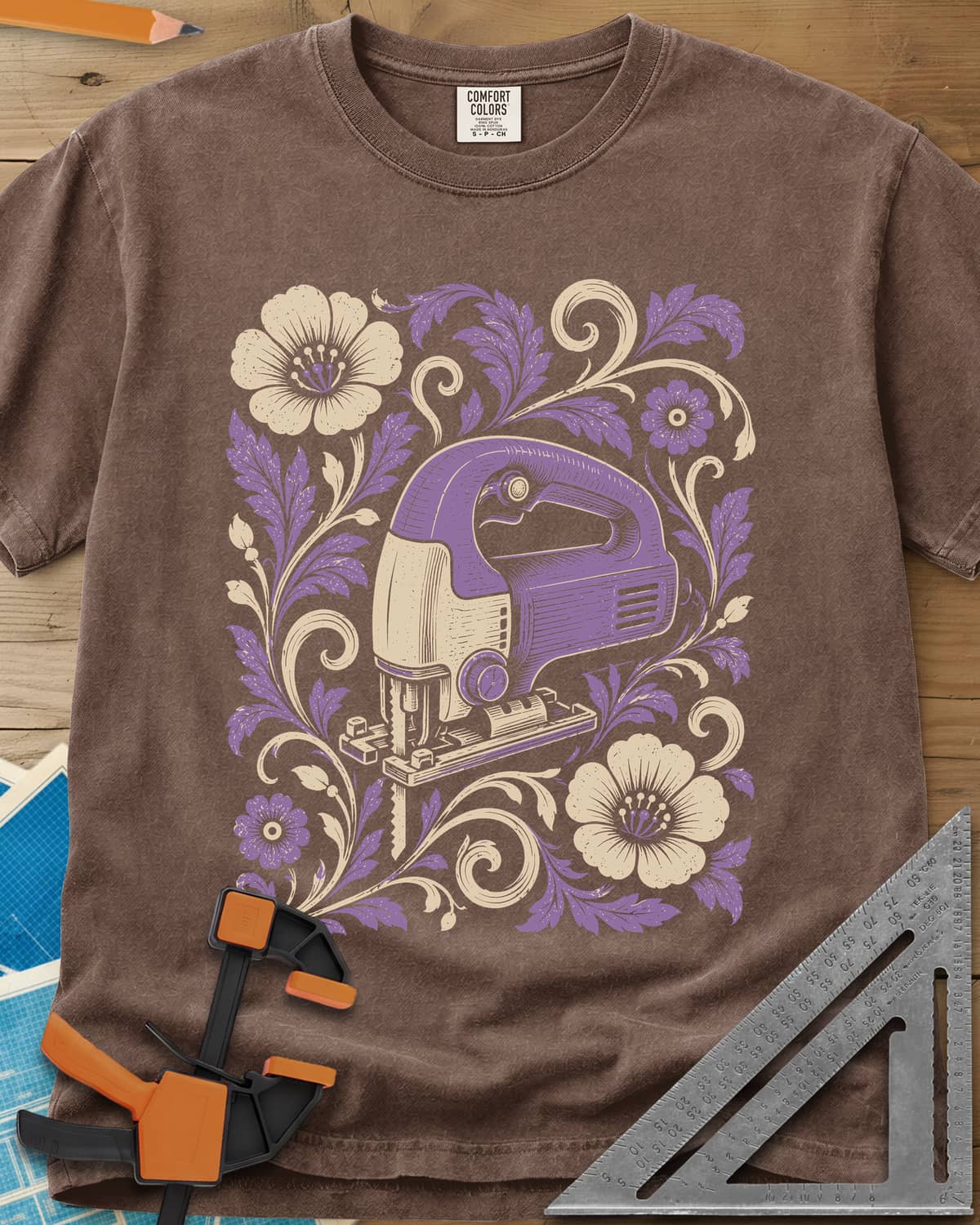 Floral Jigsaw heavyweight tee in Espresso, a purple jigsaw wreathed in cream and purple flowers and leaves