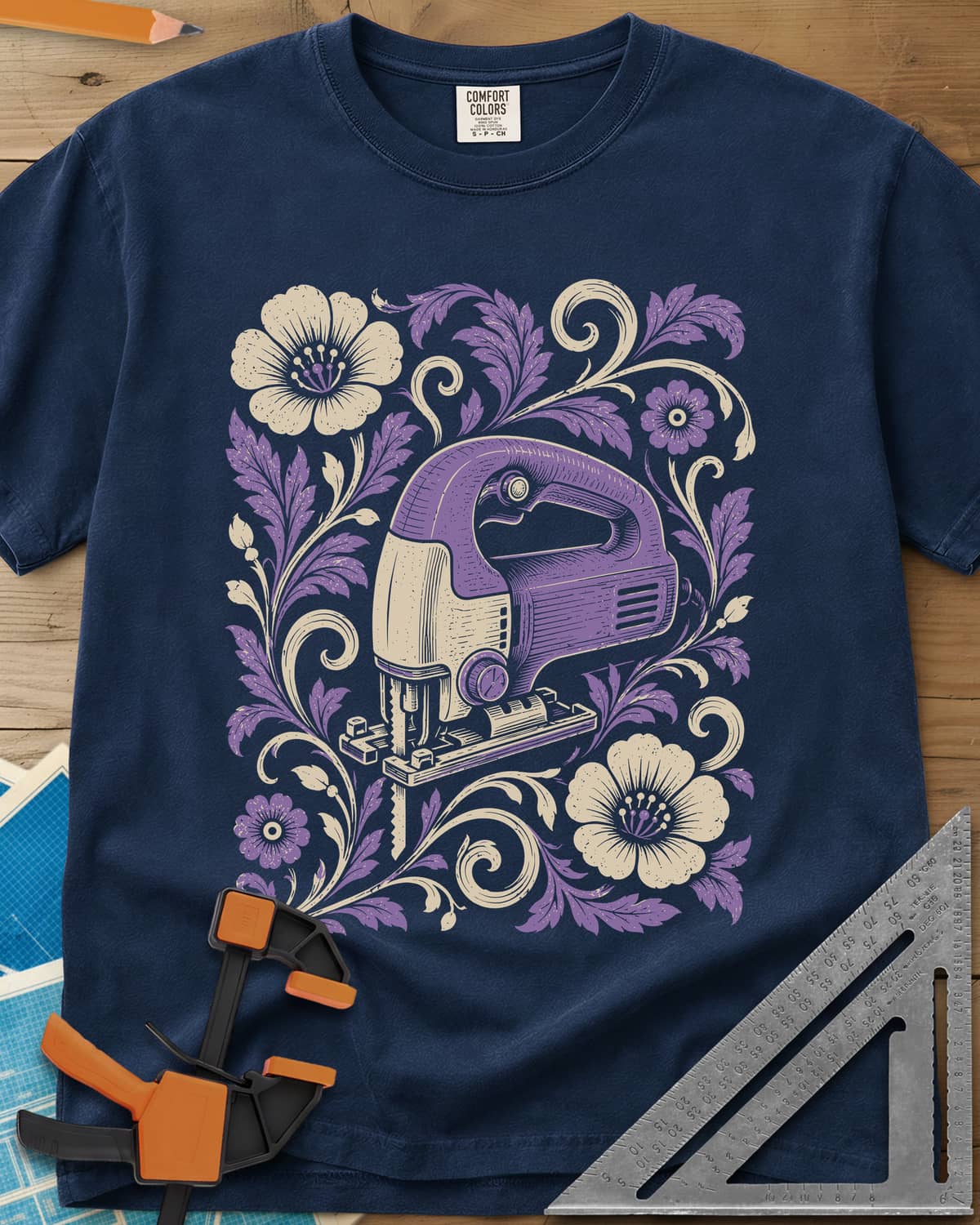 Floral Jigsaw heavyweight tee in Navy, a purple jigsaw wreathed in cream and purple flowers and leaves