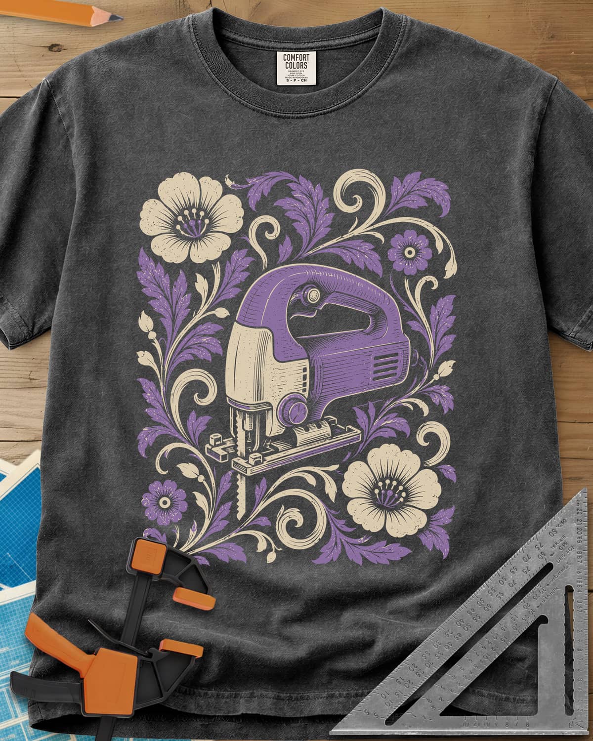 Floral Jigsaw heavyweight tee in Pepper, a purple jigsaw wreathed in cream and purple flowers and leaves