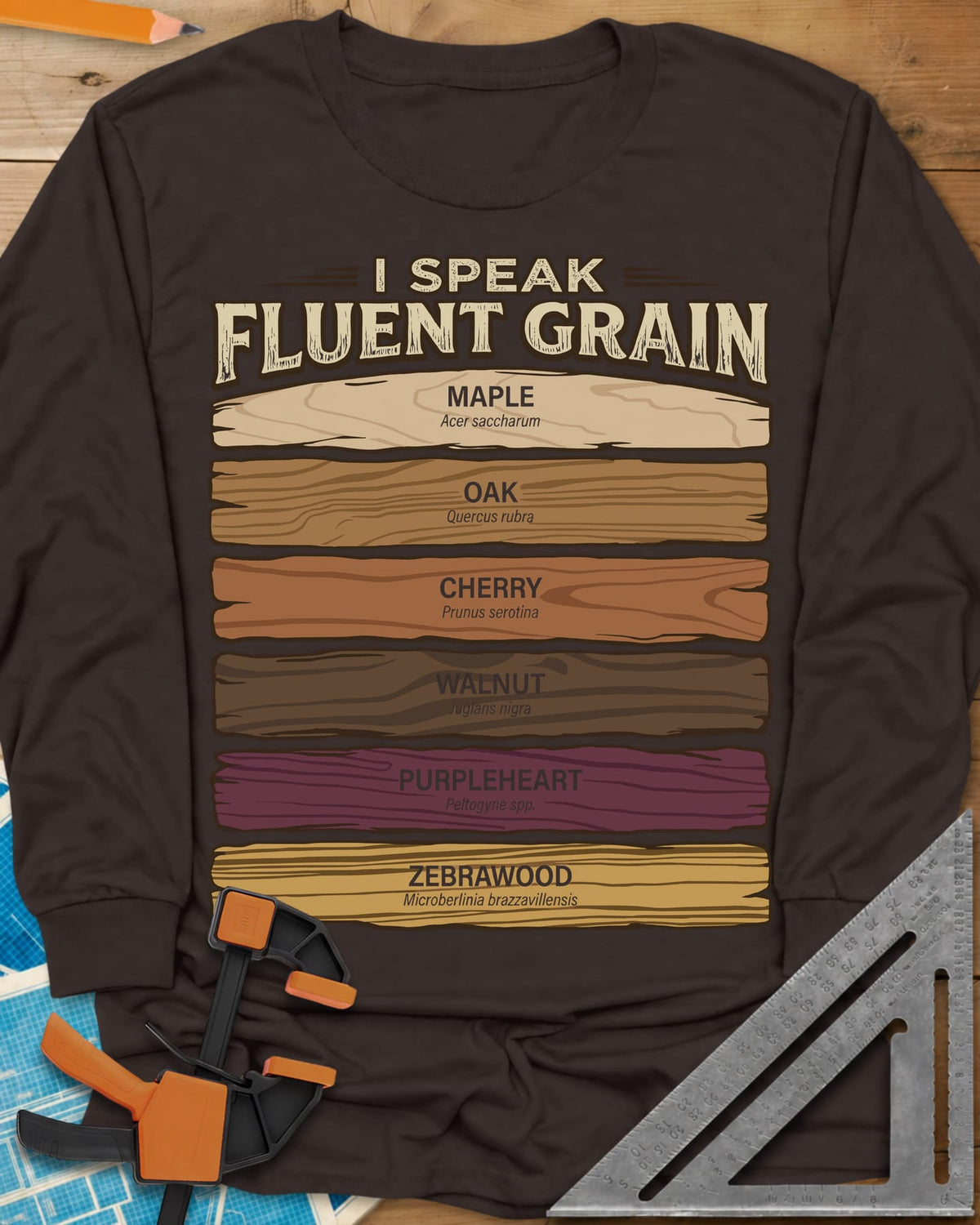 Fluent Grain long sleeve shirt in Dark Chocolate, six wood plank swatches labeled maple, oak, cherry, walnut and more