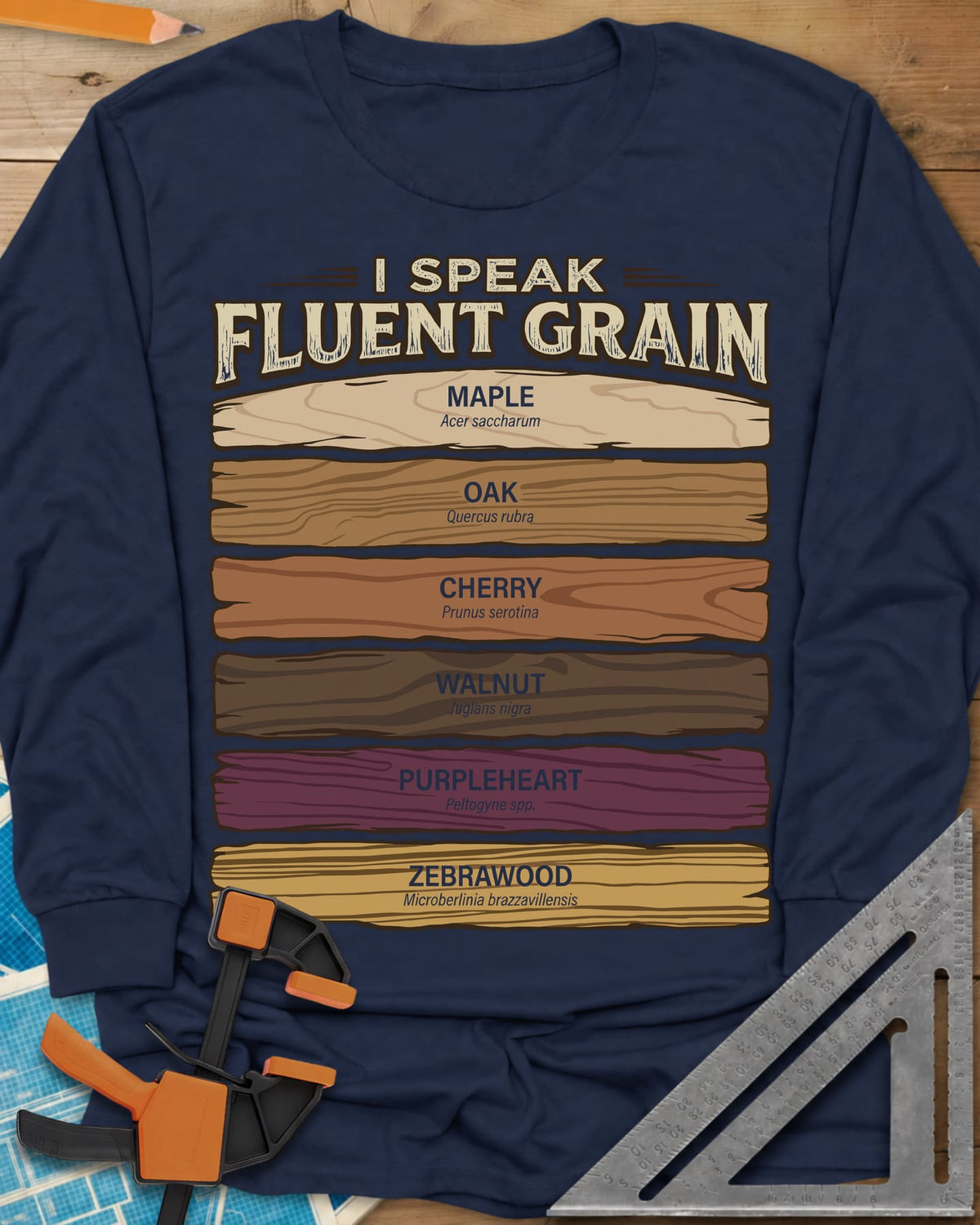 Fluent Grain long sleeve shirt in Navy, six wood plank swatches labeled maple, oak, cherry, walnut and more