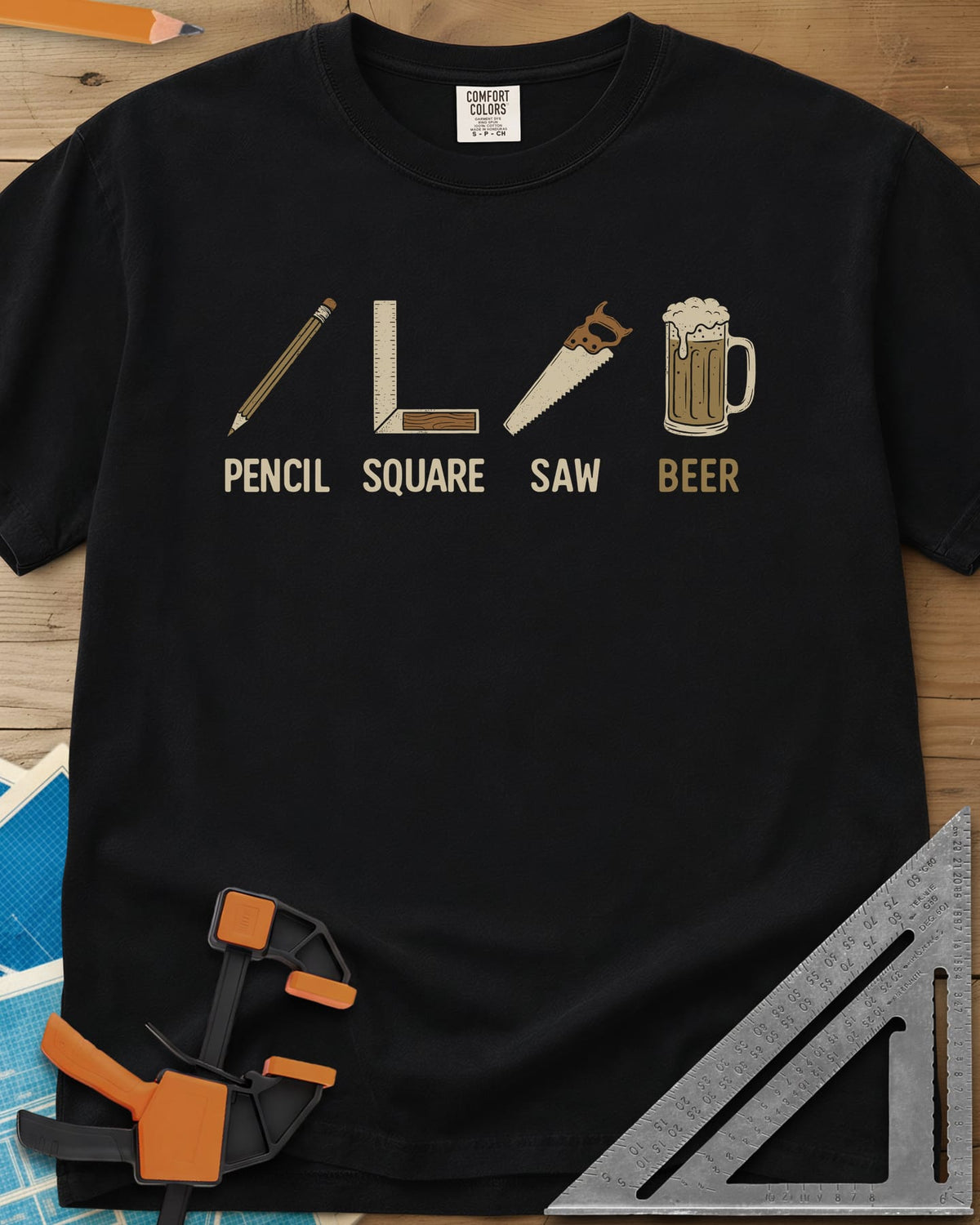 Four Essential Tools heavyweight tee in Black, a pencil, a try square, a handsaw and a frothy beer mug