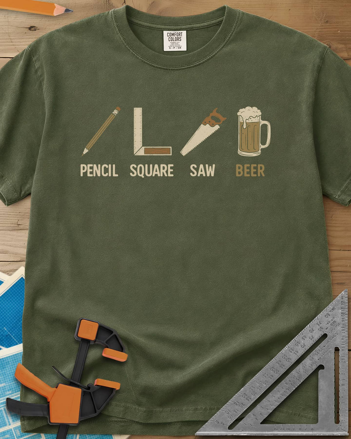 Four Essential Tools heavyweight tee in Hemp, a pencil, a try square, a handsaw and a frothy beer mug