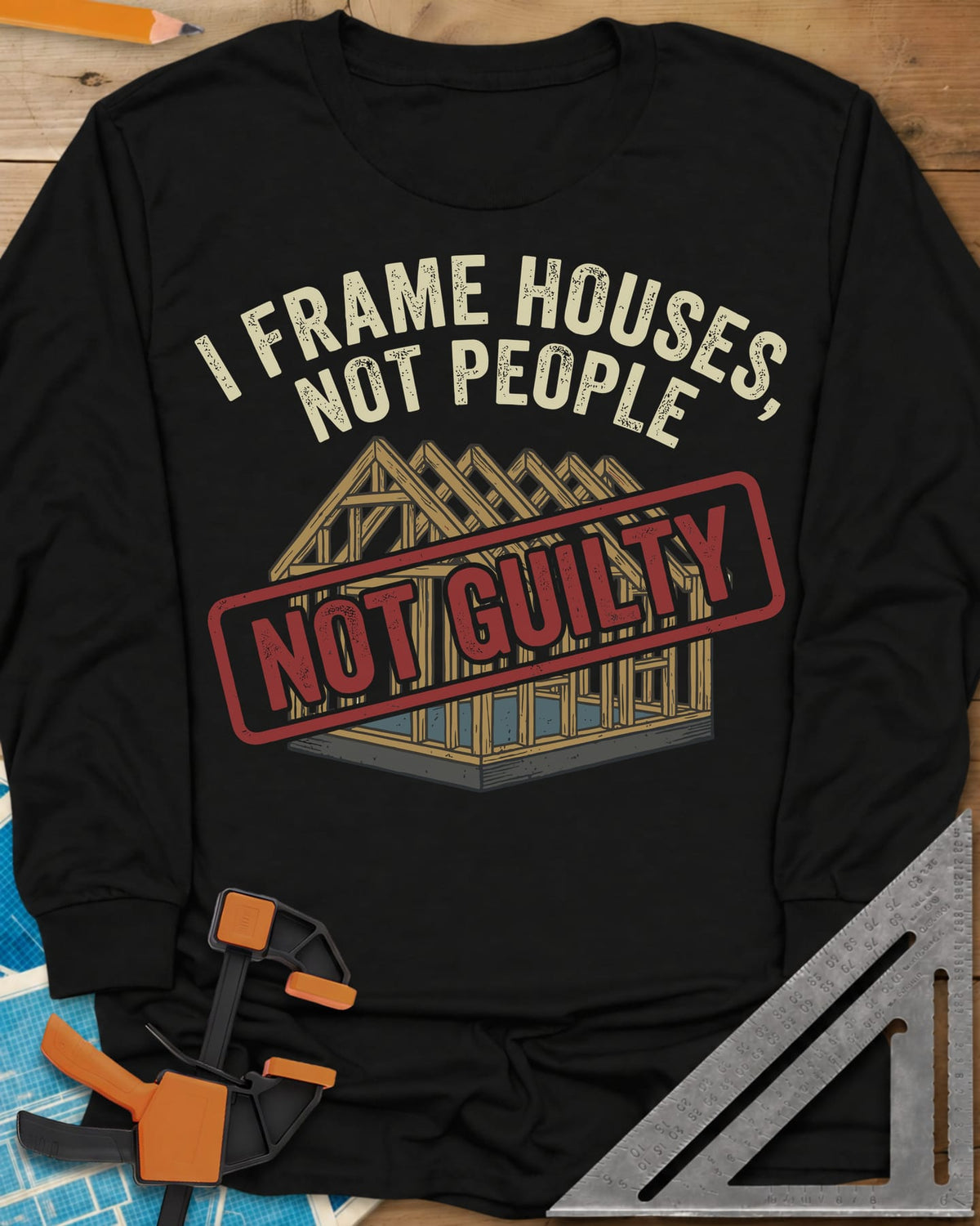Frame Houses long sleeve shirt in Black, a wood-framed house with a red NOT GUILTY stamp