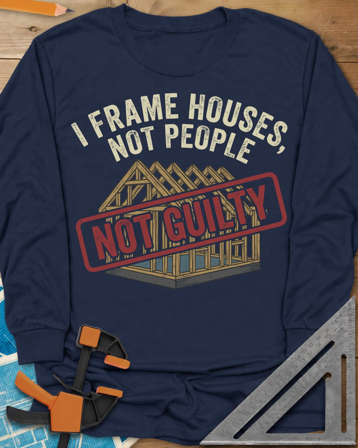 Frame Houses long sleeve shirt in Navy, a wood-framed house with a red NOT GUILTY stamp