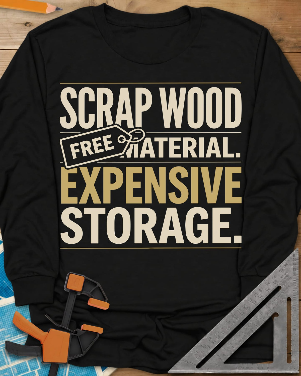 Free Material Expensive Storage long sleeve shirt in Black, bold stacked type with a FREE hang tag on the second line