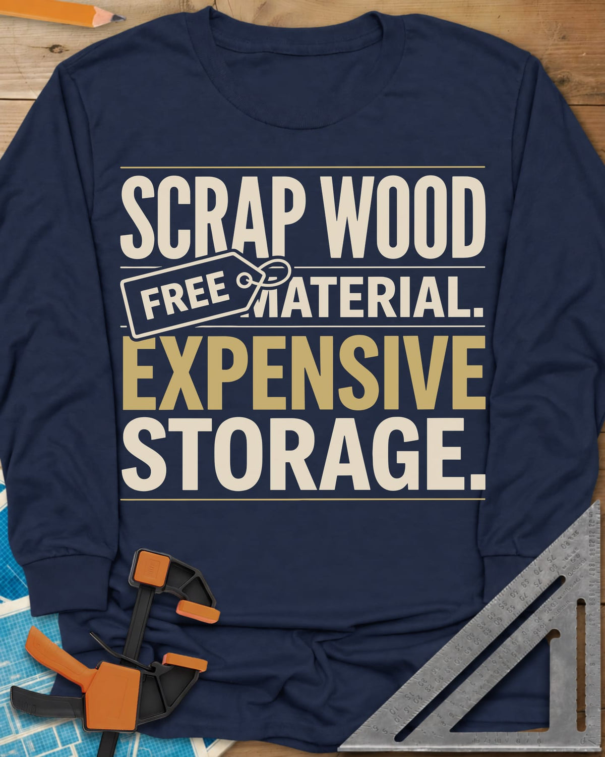 Free Material Expensive Storage long sleeve shirt in Navy, bold stacked type with a FREE hang tag on the second line
