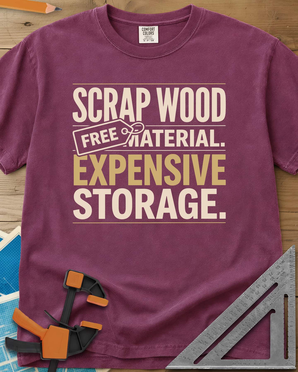 Free Material Expensive Storage heavyweight tee in Berry, bold stacked type with a FREE hang tag on the second line