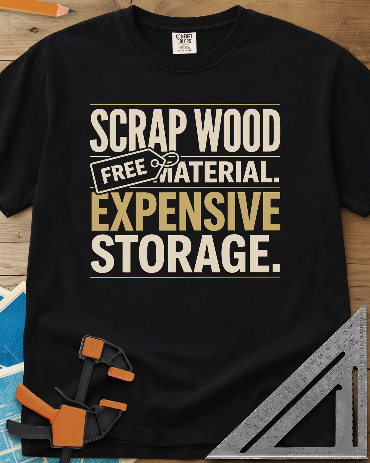 Free Material Expensive Storage heavyweight tee in Black, bold stacked type with a FREE hang tag on the second line