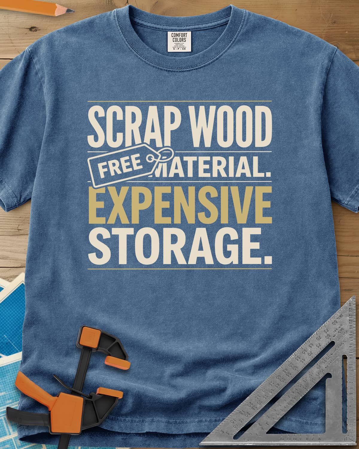 Free Material Expensive Storage heavyweight tee in Blue Jean, bold stacked type with a FREE hang tag on the second line