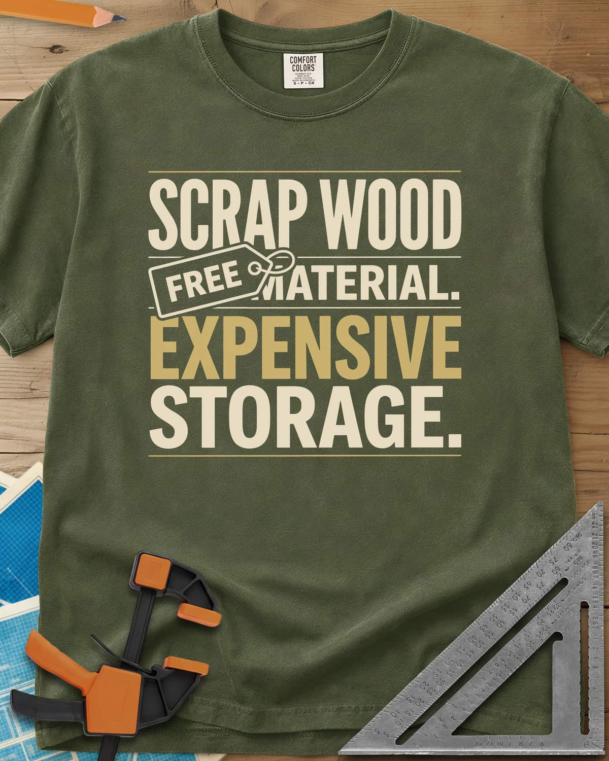 Free Material Expensive Storage heavyweight tee in Hemp, bold stacked type with a FREE hang tag on the second line