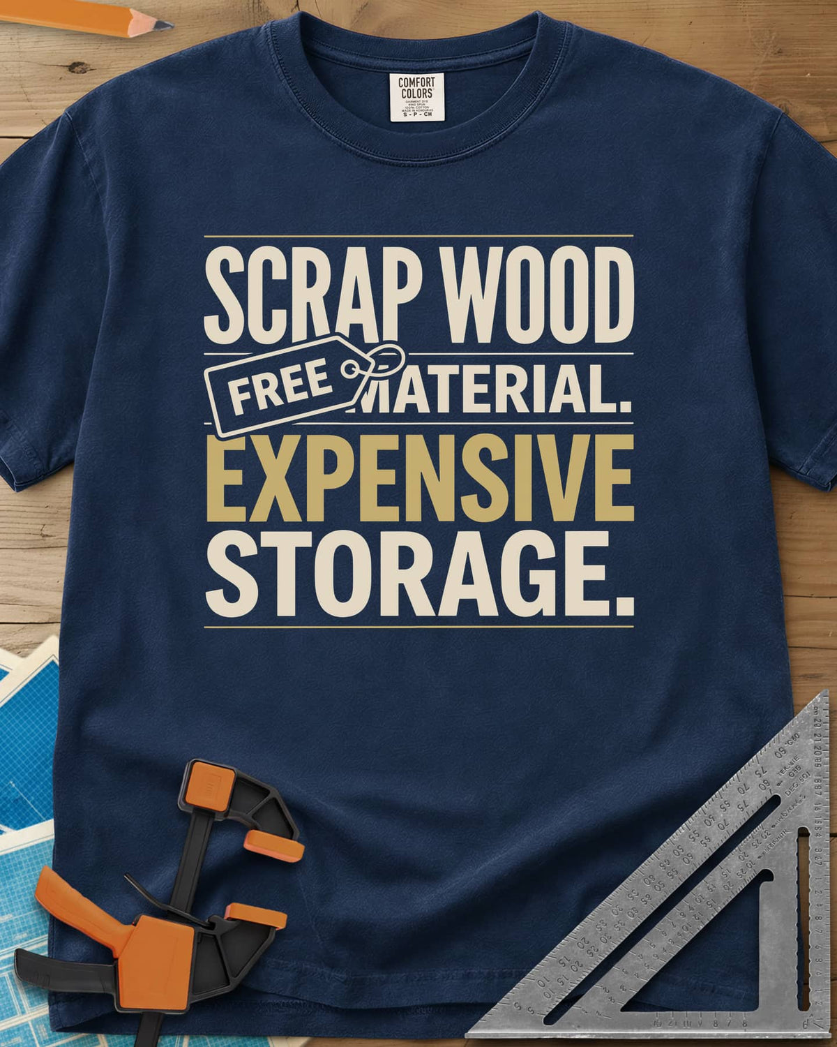 Free Material Expensive Storage heavyweight tee in Navy, bold stacked type with a FREE hang tag on the second line