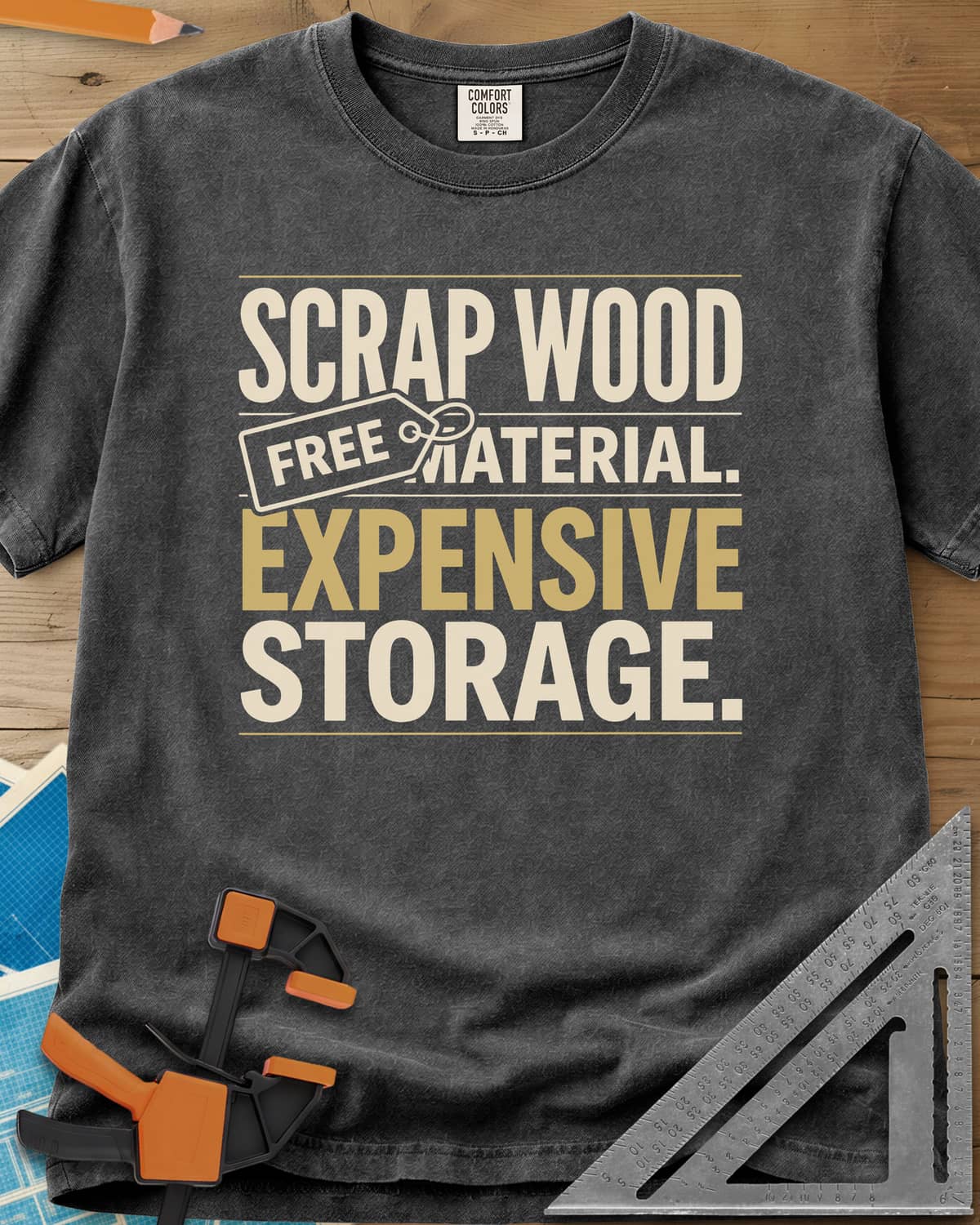 Free Material Expensive Storage heavyweight tee in Pepper, bold stacked type with a FREE hang tag on the second line