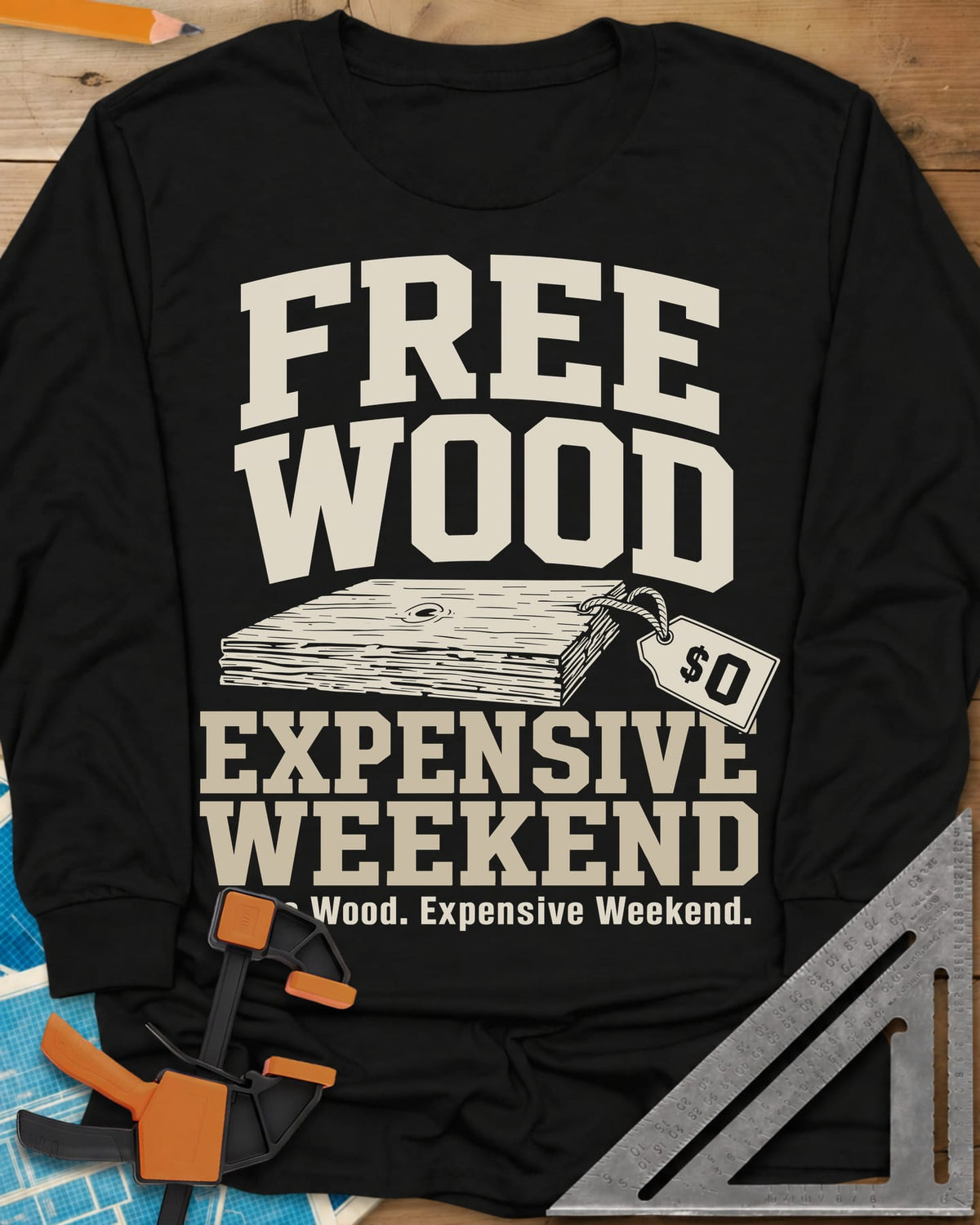 Free Wood long sleeve shirt in Black, a stack of boards with a hang tag marked zero dollars