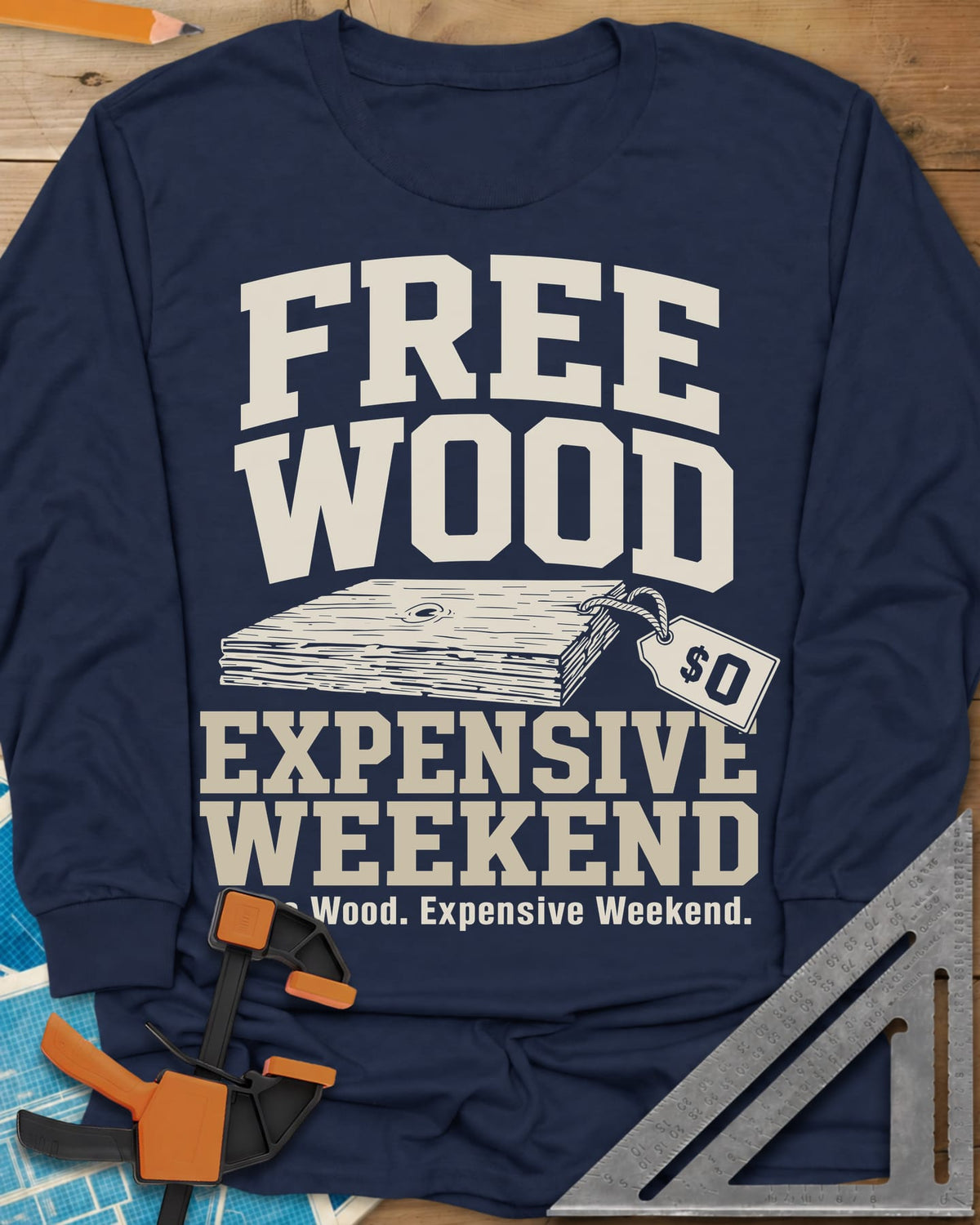 Free Wood long sleeve shirt in Navy, a stack of boards with a hang tag marked zero dollars
