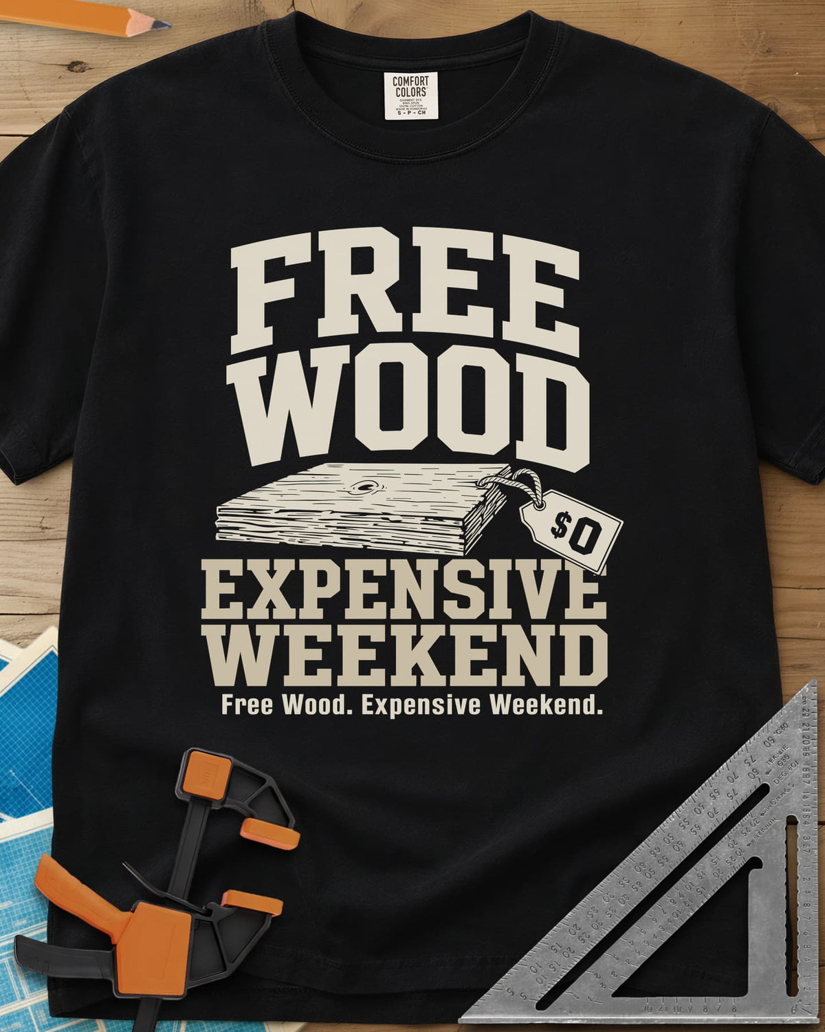 Free Wood heavyweight tee in Black, a stack of boards with a hang tag marked zero dollars