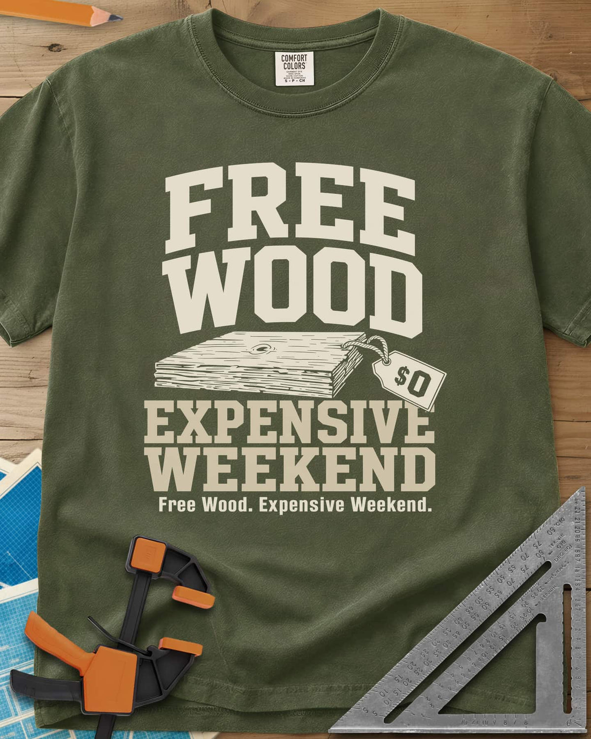 Free Wood heavyweight tee in Hemp, a stack of boards with a hang tag marked zero dollars