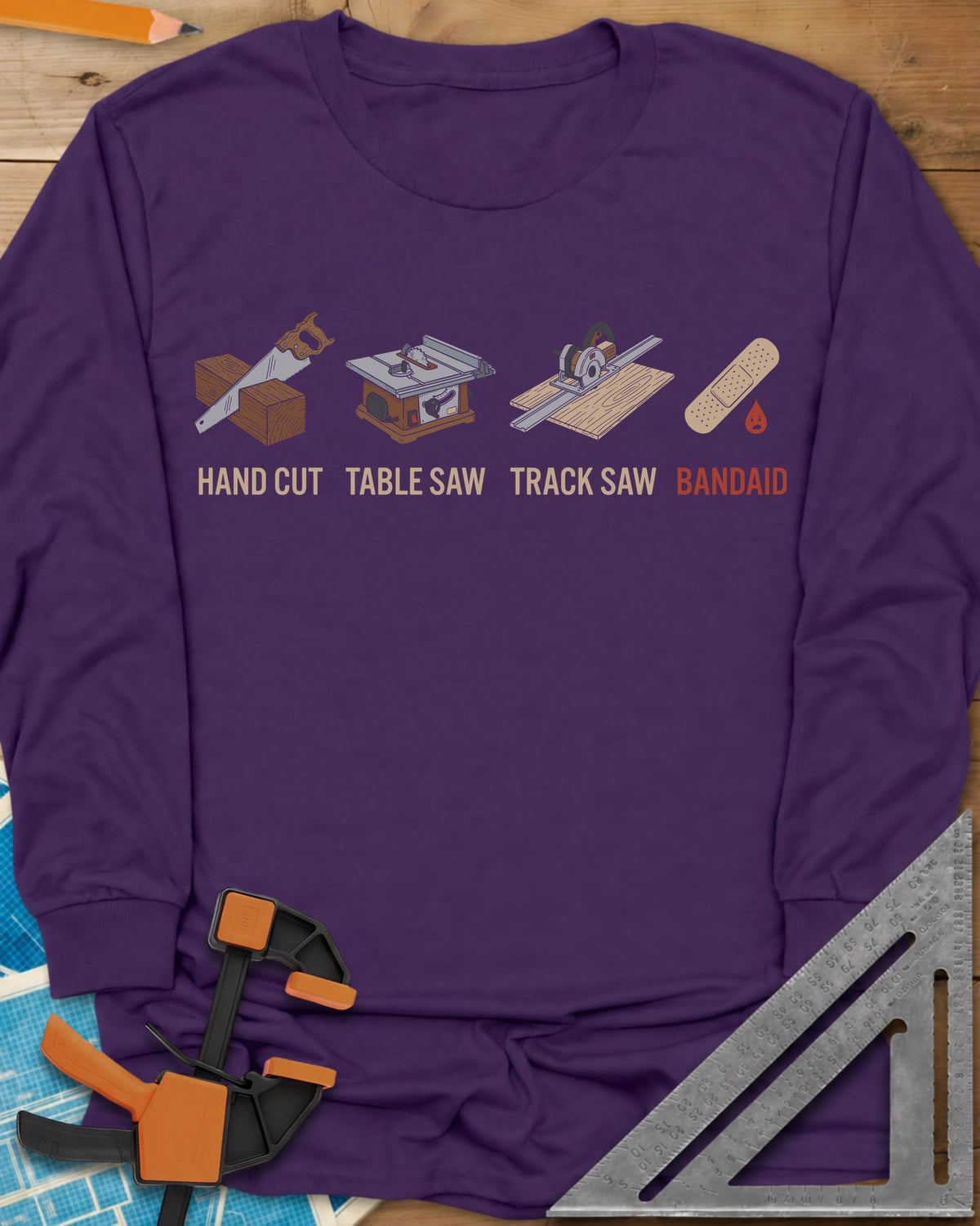 From Handsaw to Bandaid long sleeve shirt in Purple, a handsaw, a table saw, a track saw and a bandage with a drop