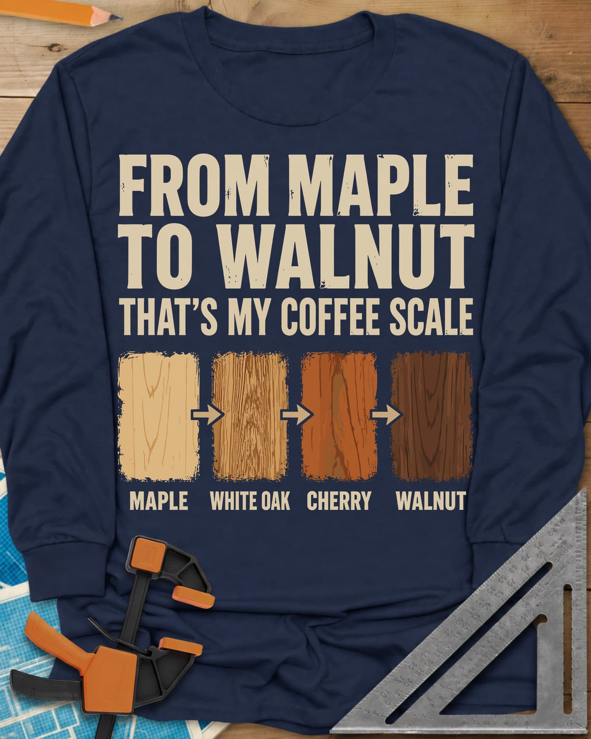 From Maple To Walnut long sleeve shirt in Navy, four wood swatches from maple to walnut with arrows between