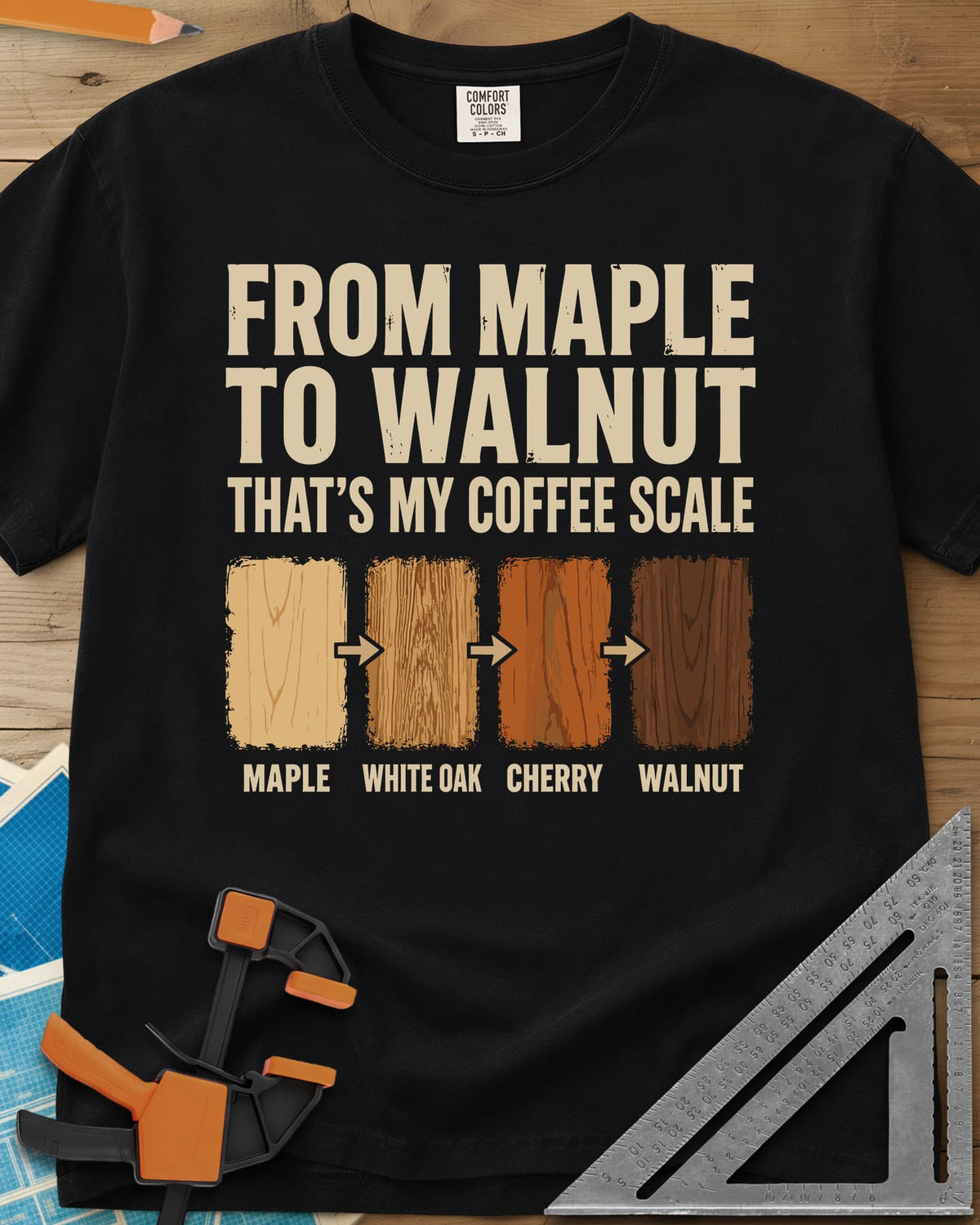 From Maple To Walnut heavyweight tee in Black, four wood swatches from maple to walnut with arrows between