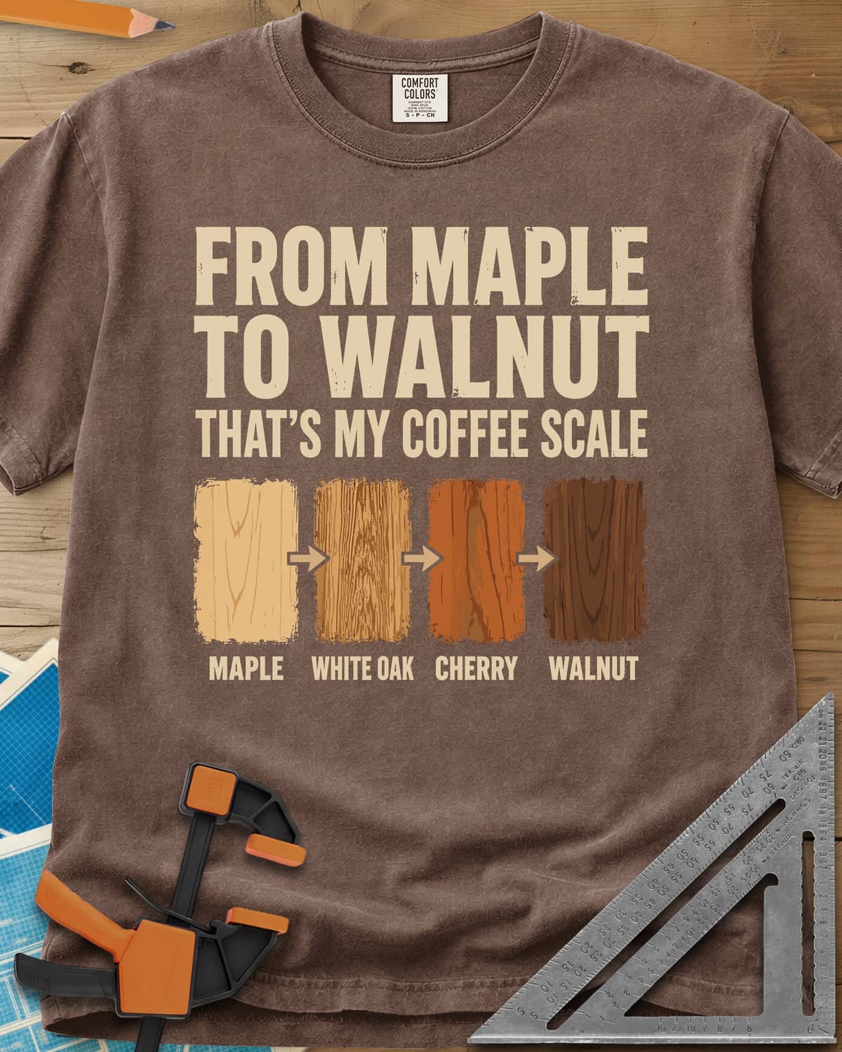 From Maple To Walnut heavyweight tee in Espresso, four wood swatches from maple to walnut with arrows between