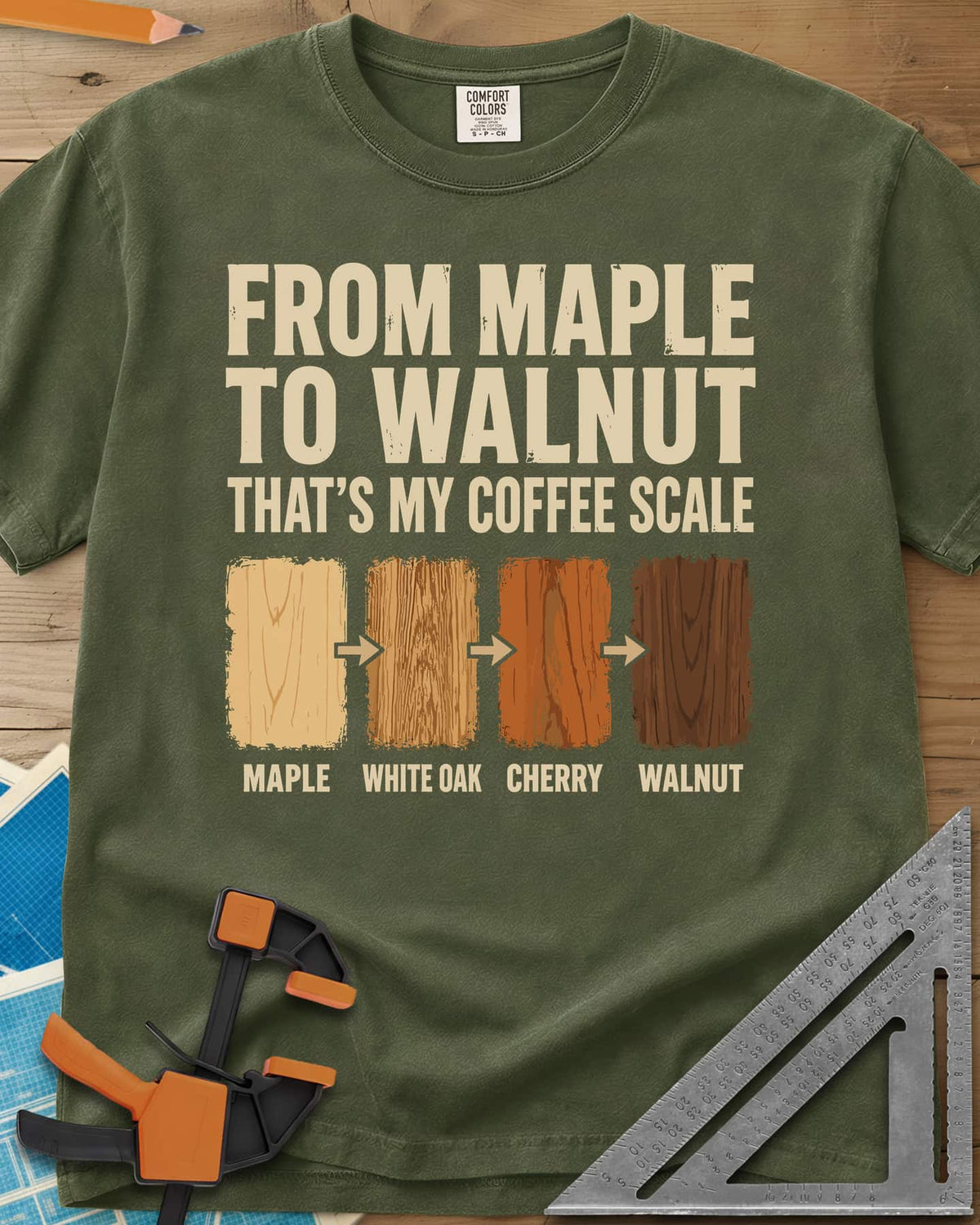 From Maple To Walnut heavyweight tee in Hemp, four wood swatches from maple to walnut with arrows between