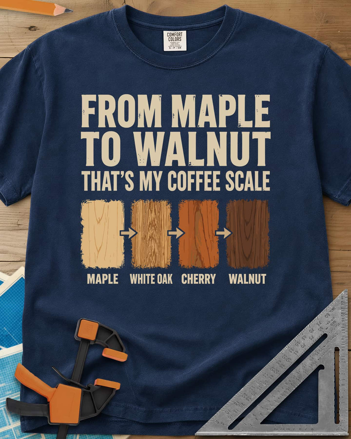 From Maple To Walnut heavyweight tee in Navy, four wood swatches from maple to walnut with arrows between