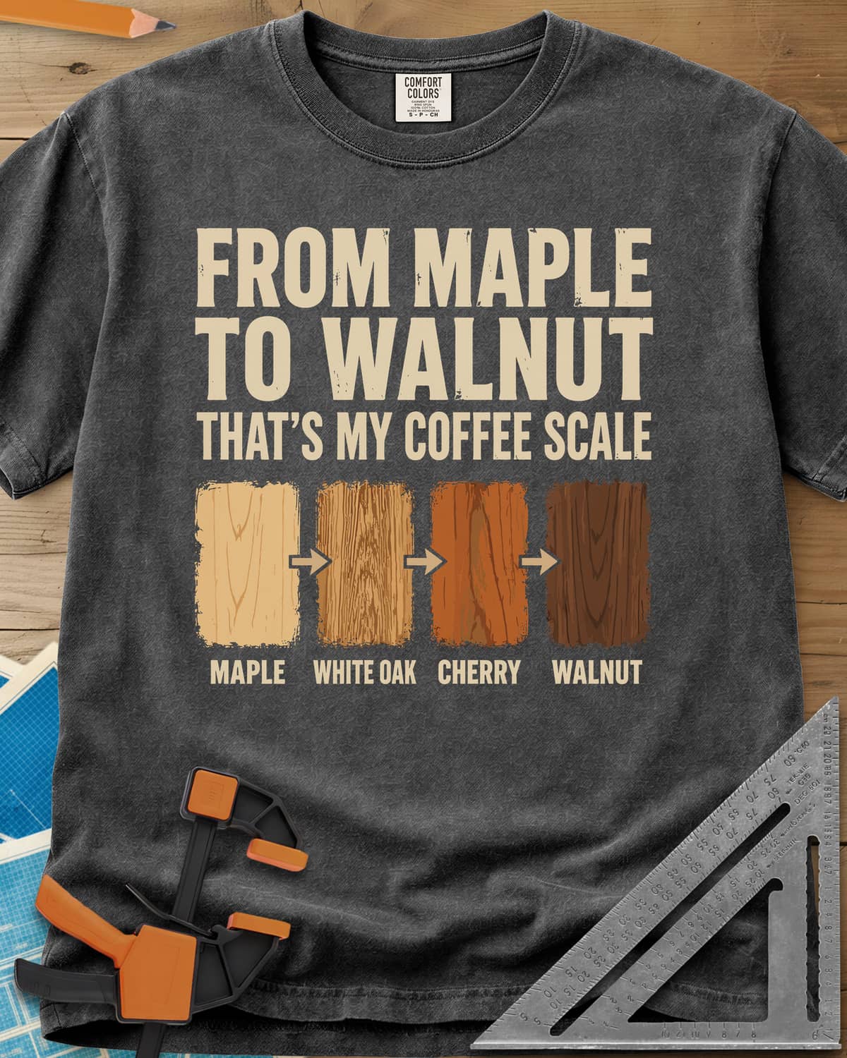 From Maple To Walnut heavyweight tee in Pepper, four wood swatches from maple to walnut with arrows between
