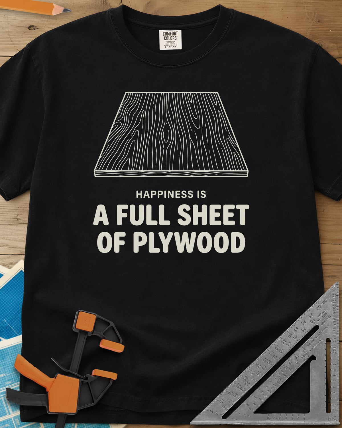 Full Sheet Of Plywood heavyweight tee in Black, a line drawing of a plywood sheet showing its grain