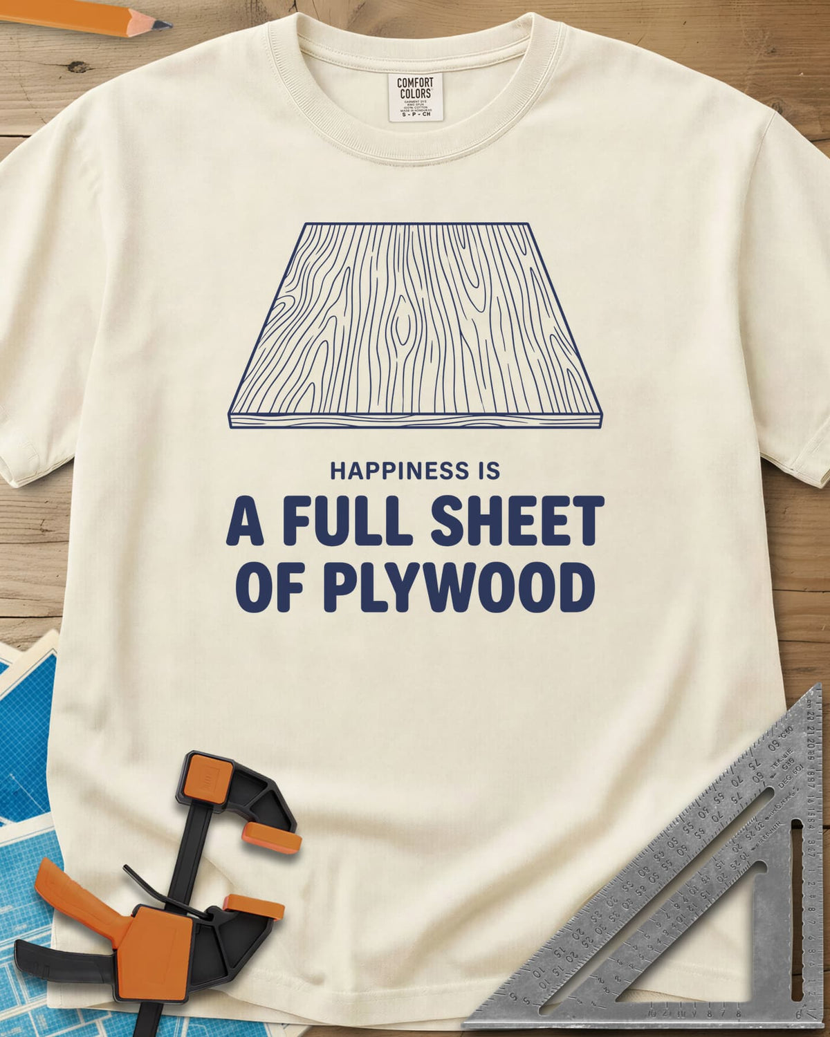 Full Sheet Of Plywood heavyweight tee in Ivory, a line drawing of a plywood sheet showing its grain