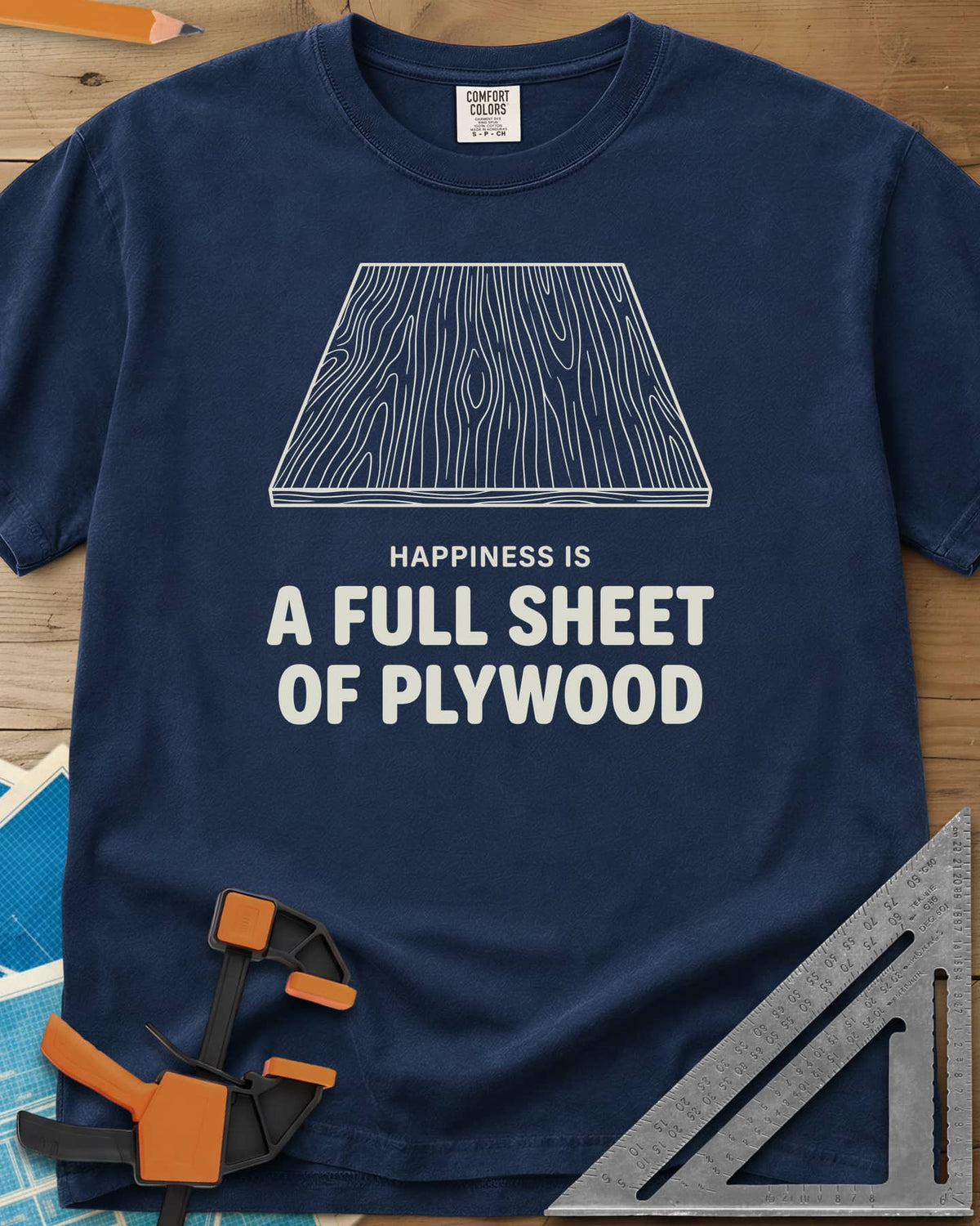 Full Sheet Of Plywood heavyweight tee in Navy, a line drawing of a plywood sheet showing its grain