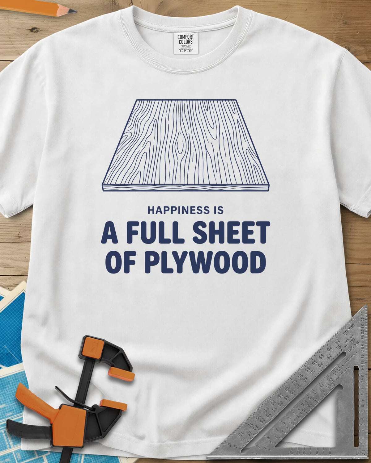 Full Sheet Of Plywood heavyweight tee in White, a line drawing of a plywood sheet showing its grain