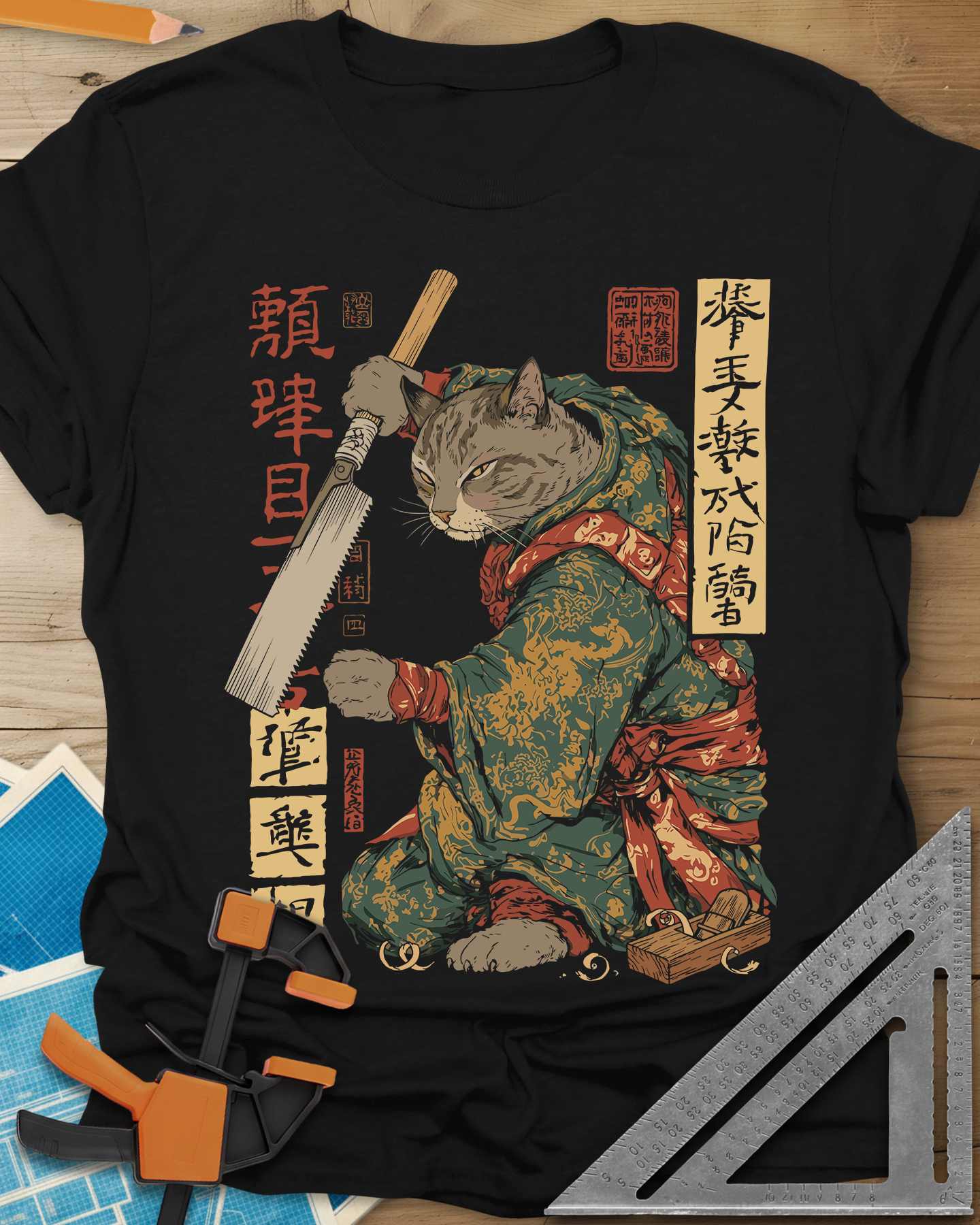 Samurai Cat Woodworker Japanese Hand Saw Tee