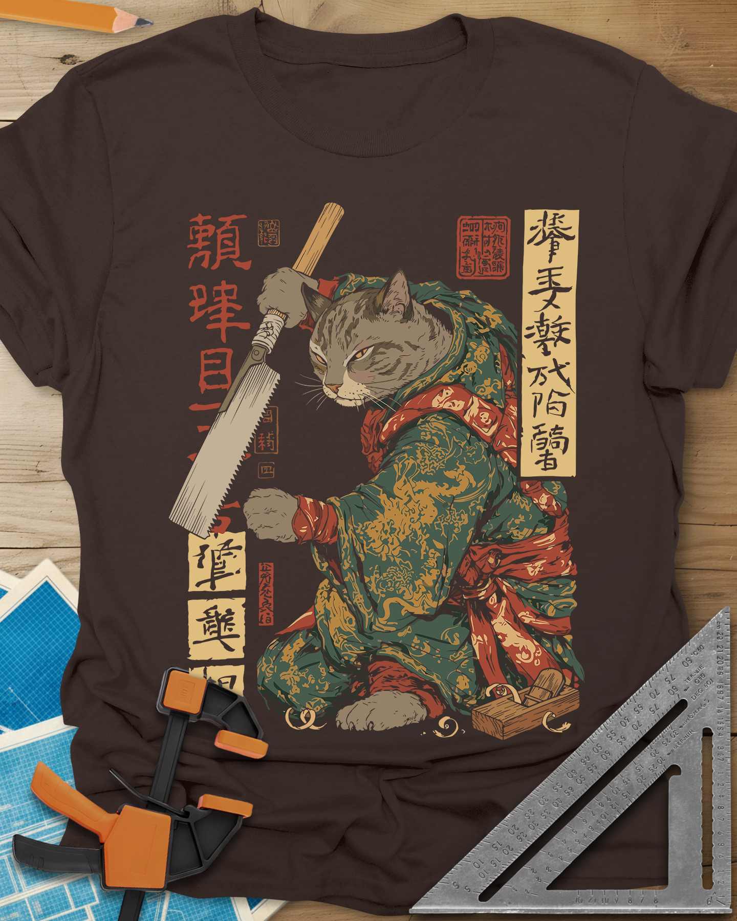 Samurai Cat Woodworker Japanese Hand Saw Tee